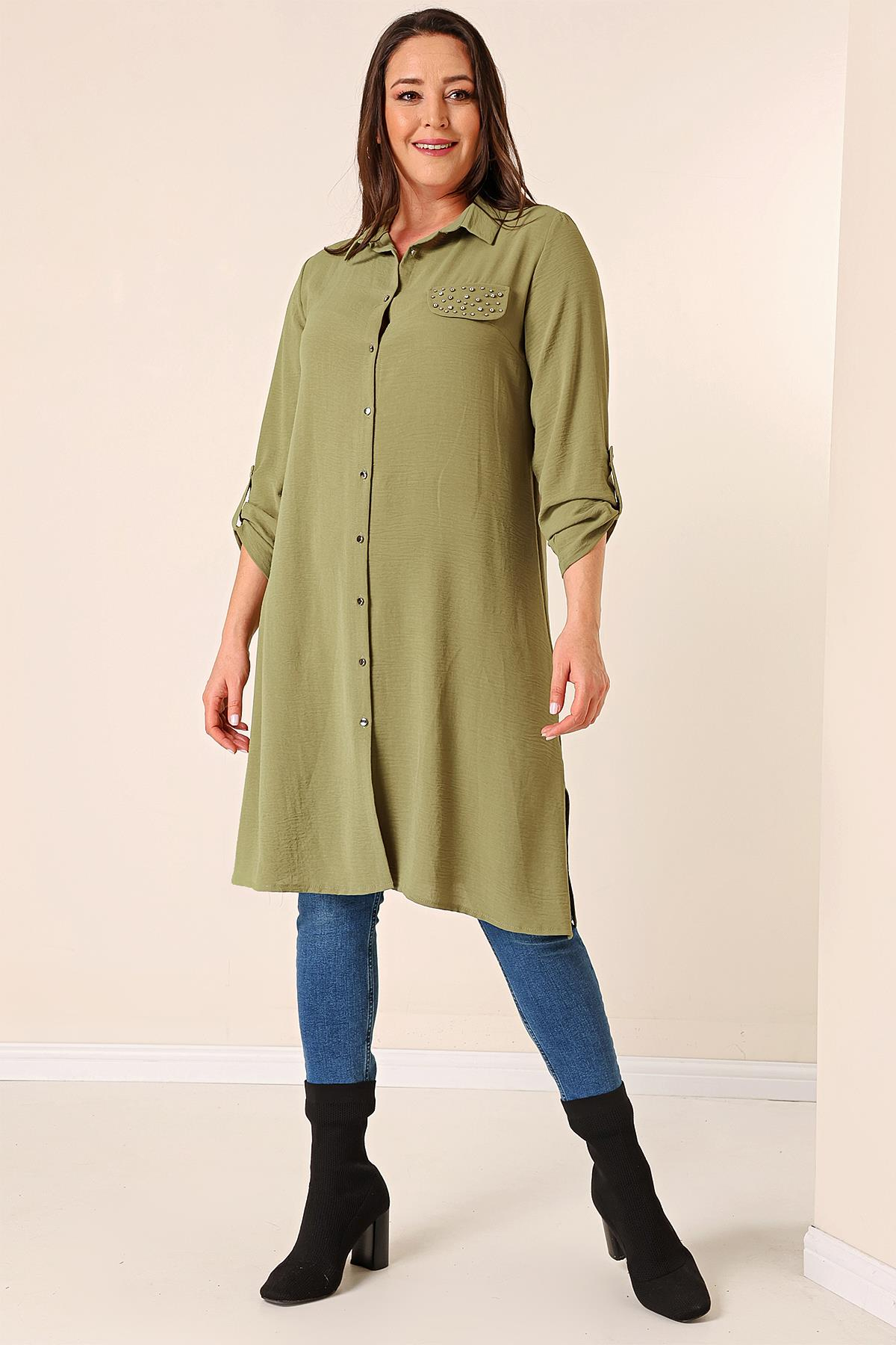 S-23K4040033Front Buttoned Long Sleeve Plus Size Tunic Ayrobin Detailed Pearl Truvakar