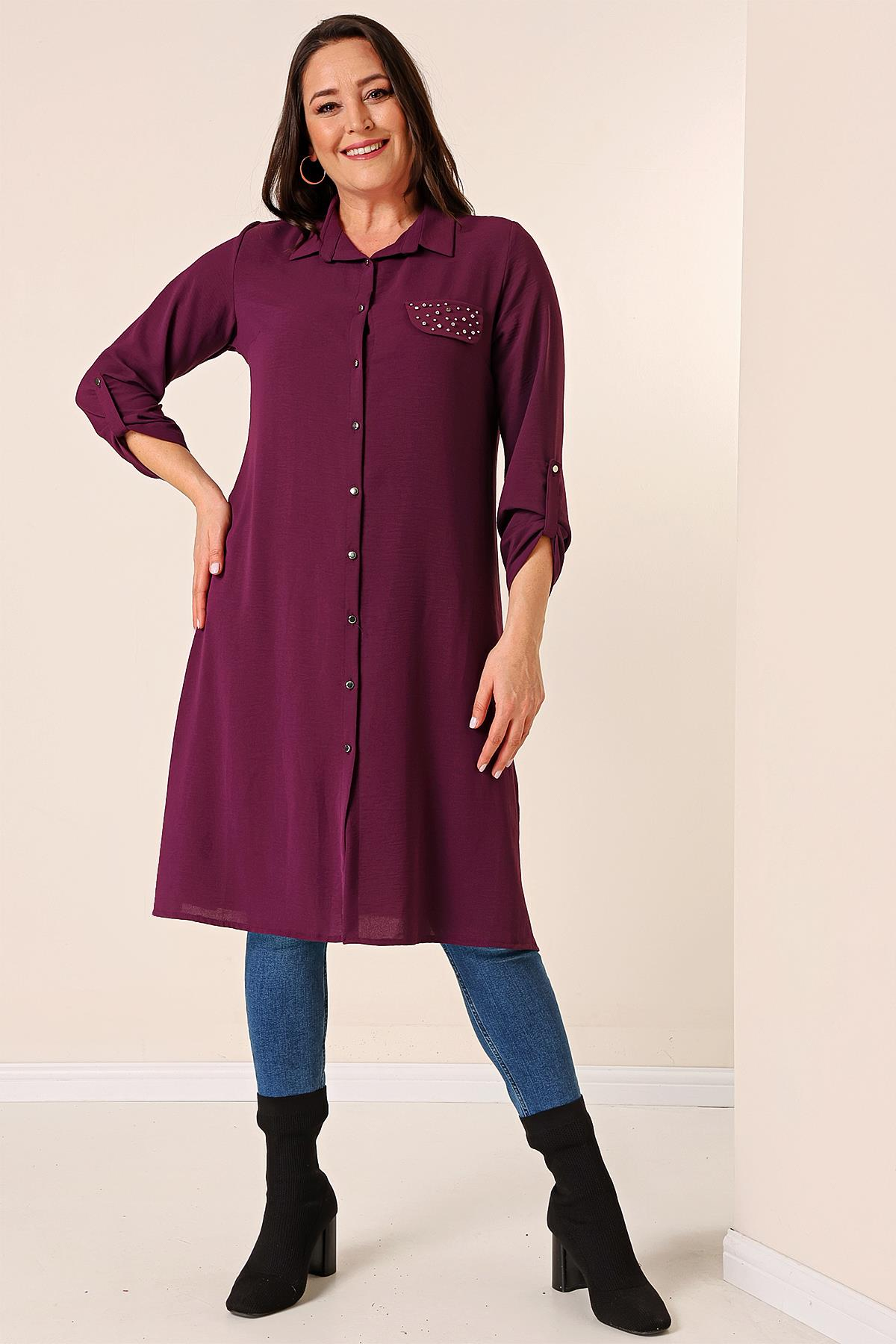 S-23K4040033Front Buttoned Long Sleeve Plus Size Tunic Ayrobin Detailed Pearl Truvakar