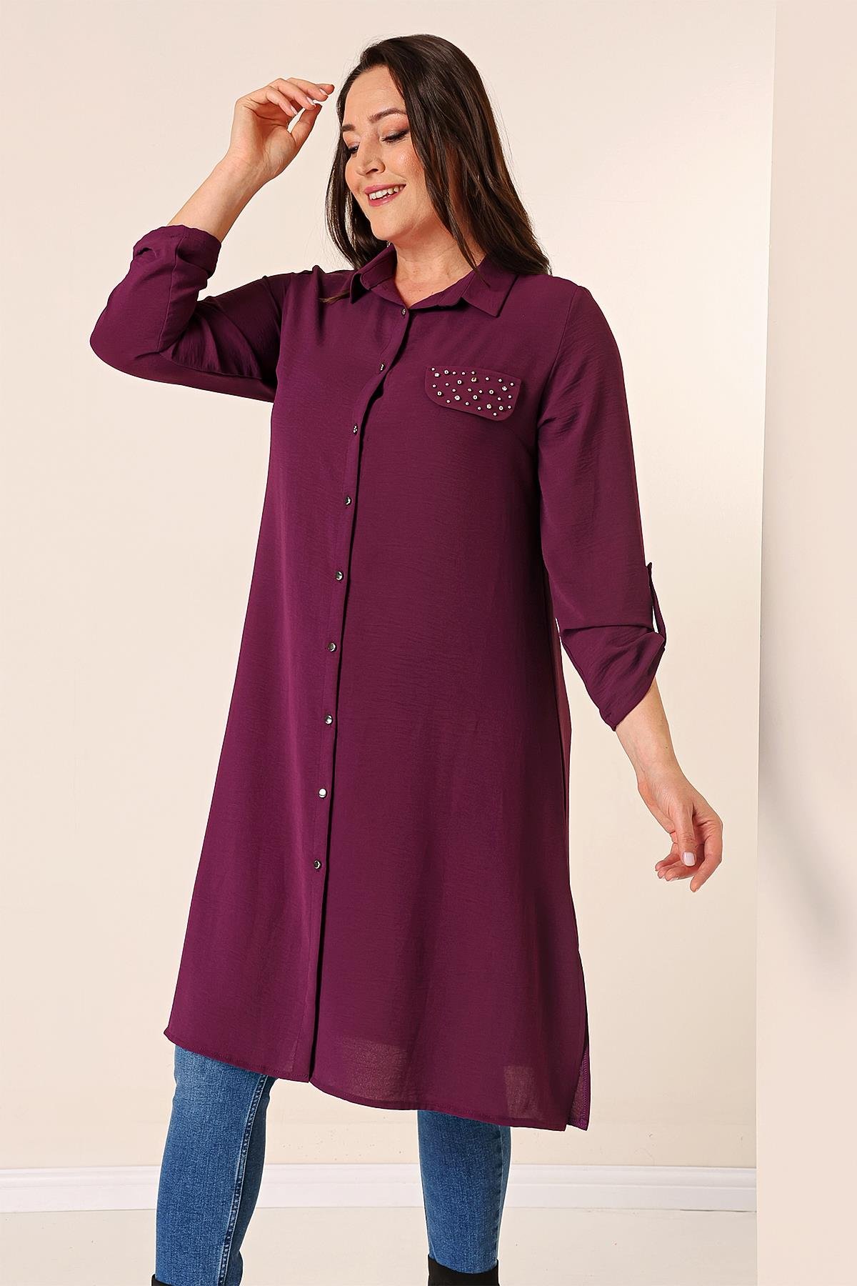 S-23K4040033Front Buttoned Long Sleeve Plus Size Tunic Ayrobin Detailed Pearl Truvakar