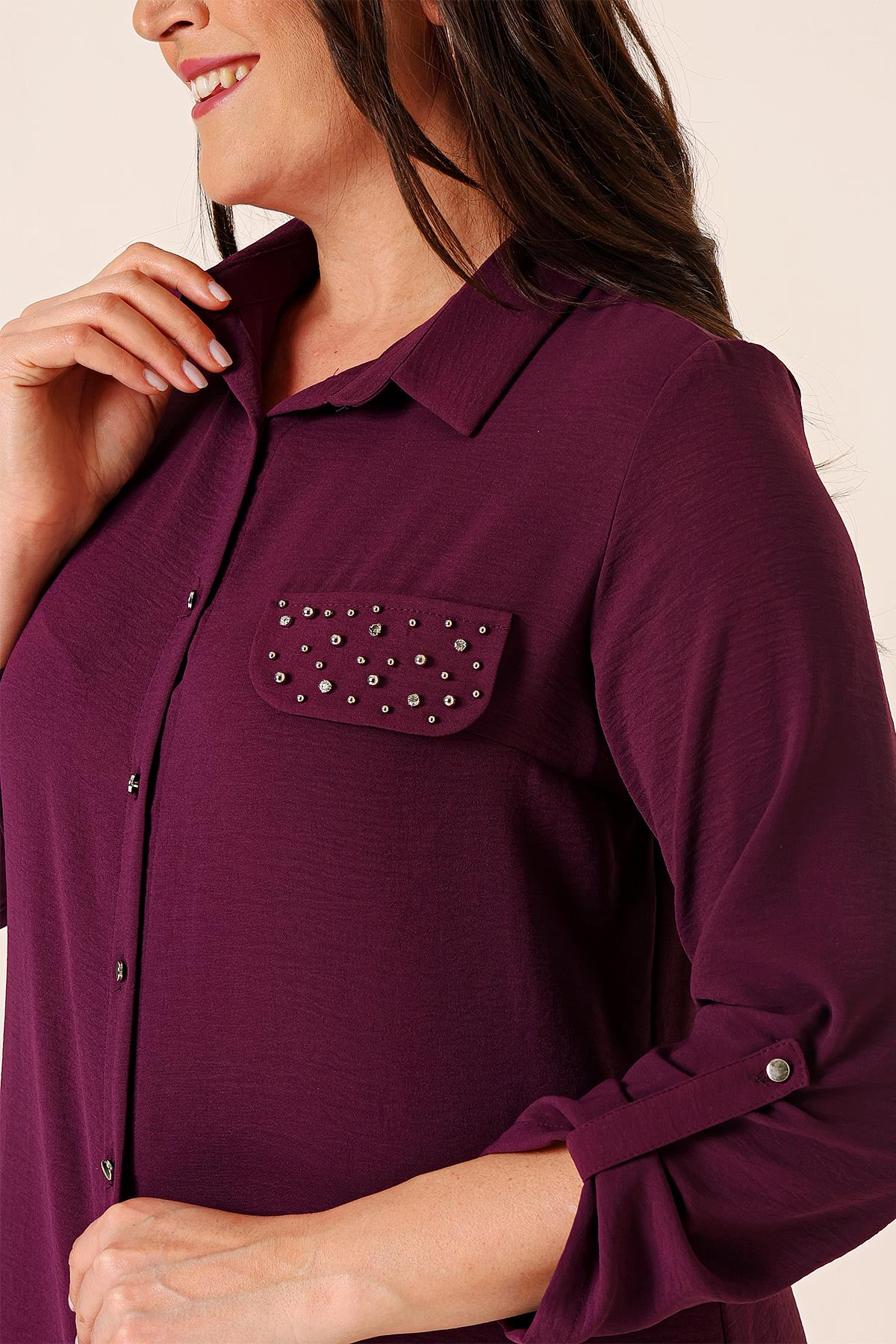 S-23K4040033Front Buttoned Long Sleeve Plus Size Tunic Ayrobin Detailed Pearl Truvakar