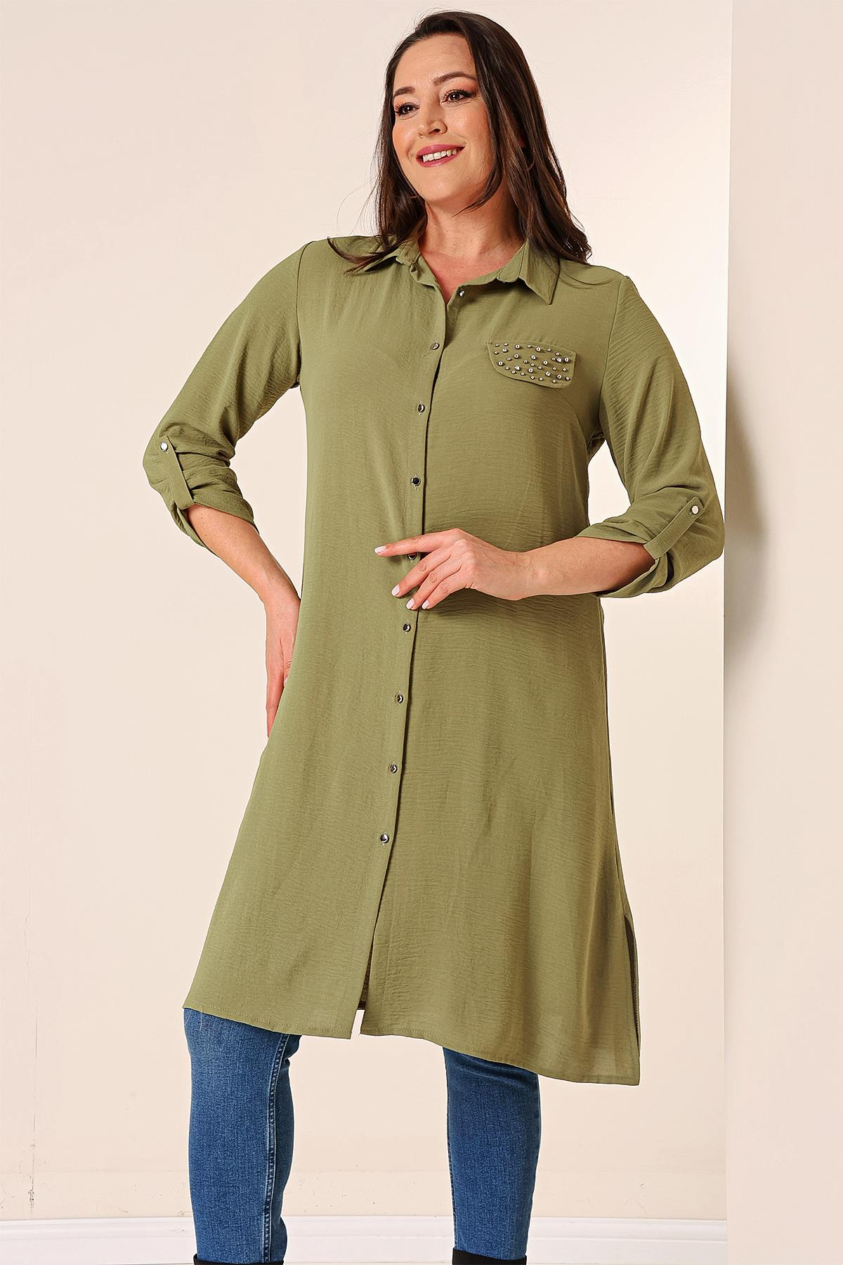S-23K4040033Front Buttoned Long Sleeve Plus Size Tunic Ayrobin Detailed Pearl Truvakar