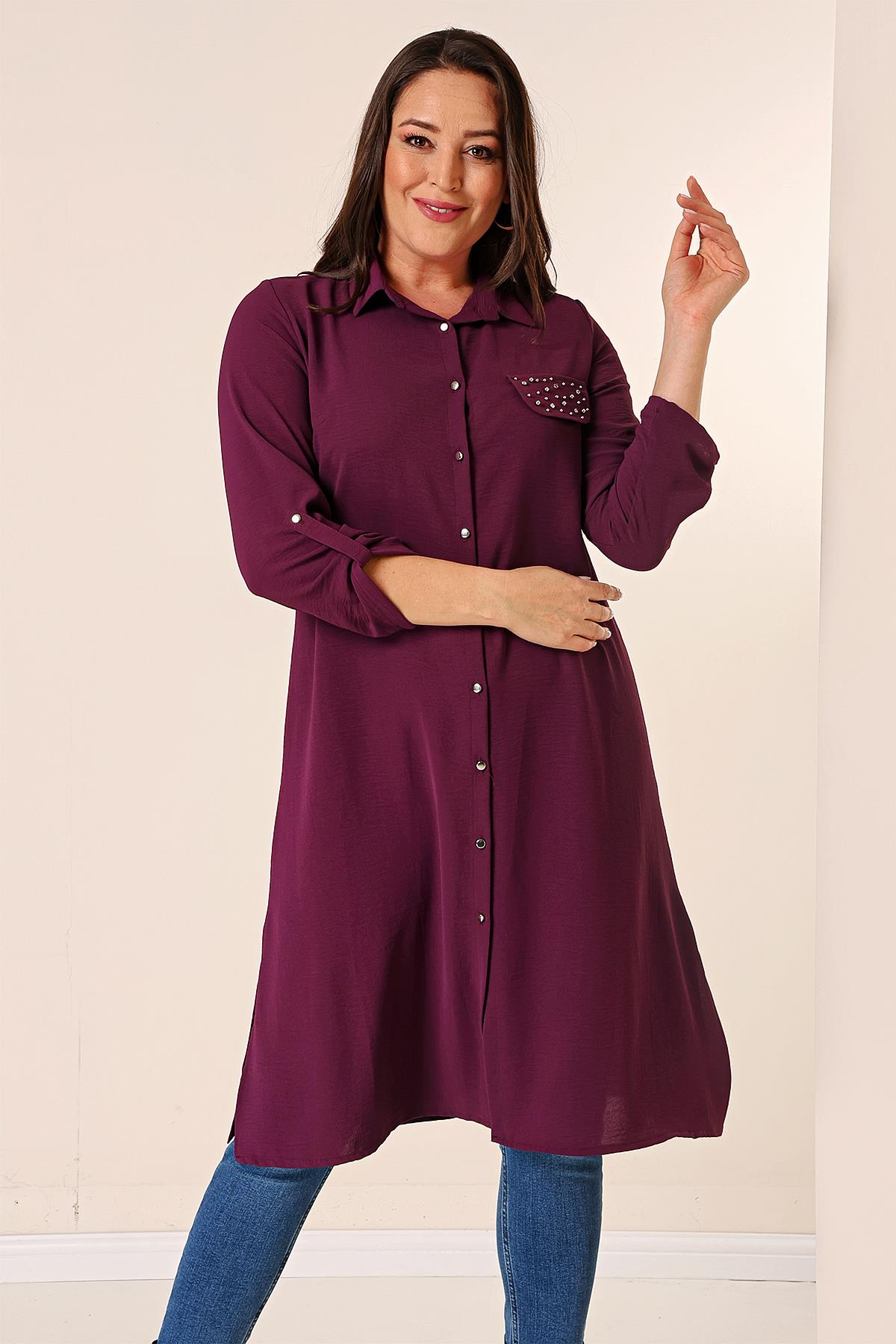 S-23K4040033Front Buttoned Long Sleeve Plus Size Tunic Ayrobin Detailed Pearl Truvakar