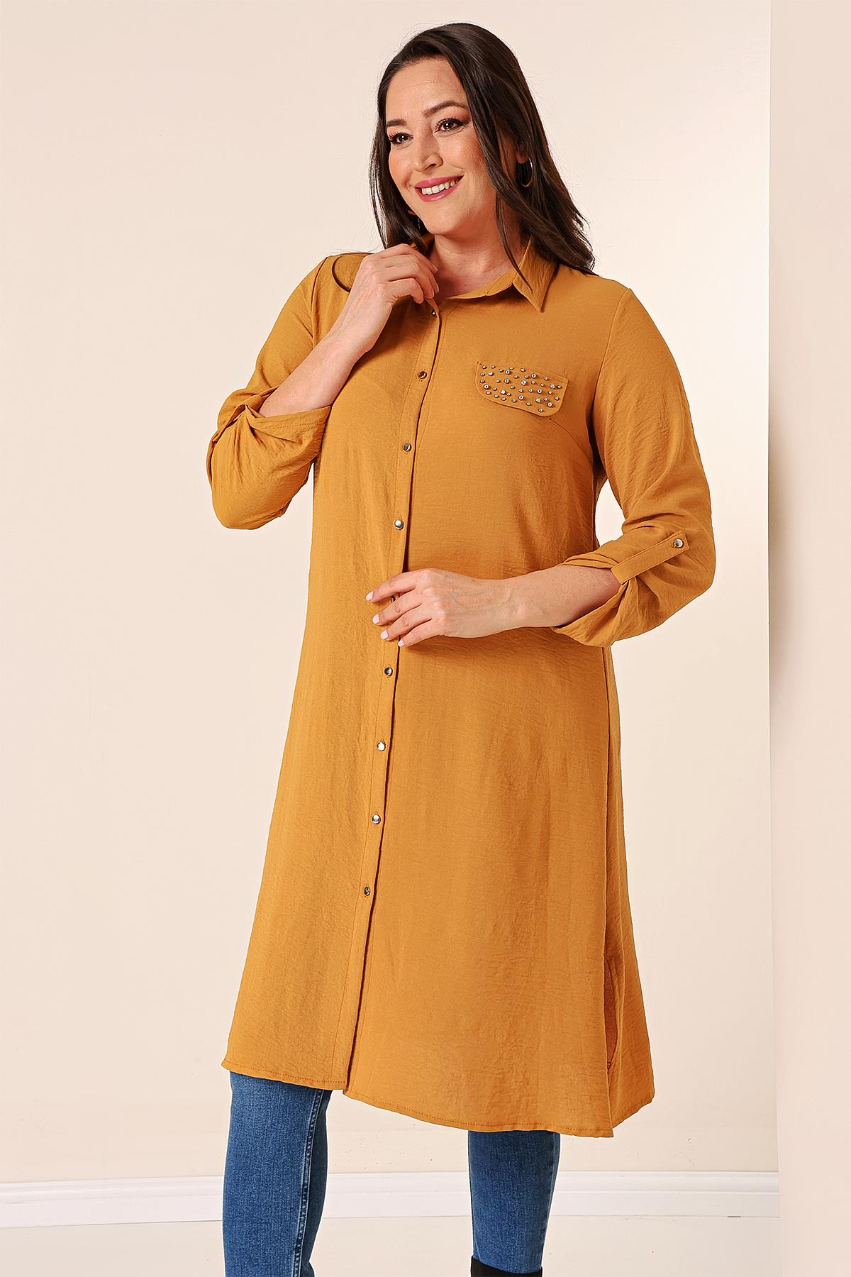 S-23K4040033Front Buttoned Long Sleeve Plus Size Tunic Ayrobin Detailed Pearl Truvakar