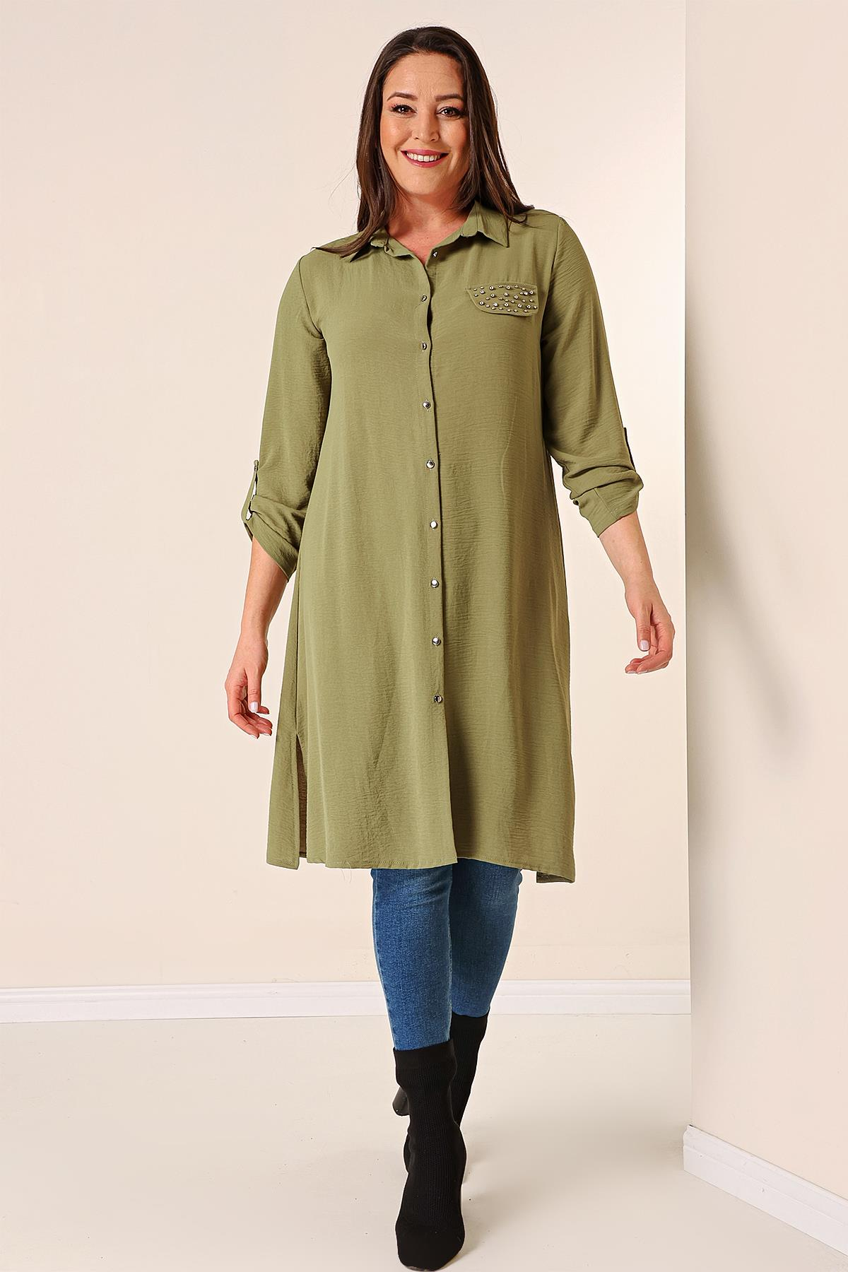S-23K4040033Front Buttoned Long Sleeve Plus Size Tunic Ayrobin Detailed Pearl Truvakar