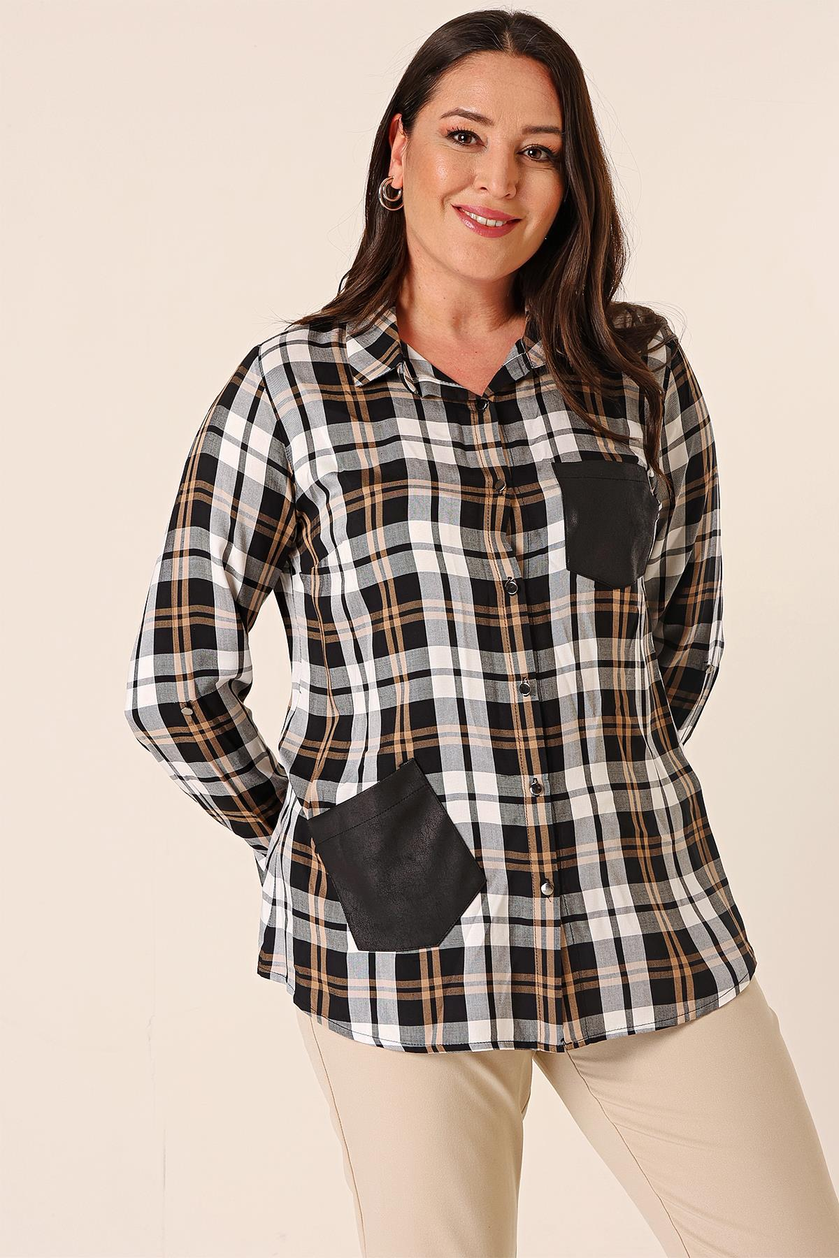 S-23K4040046Metal Düğmeli Deri Detaylı Çift Cepli Kol Katlamalı Ekose Büyük Beden Gömlek