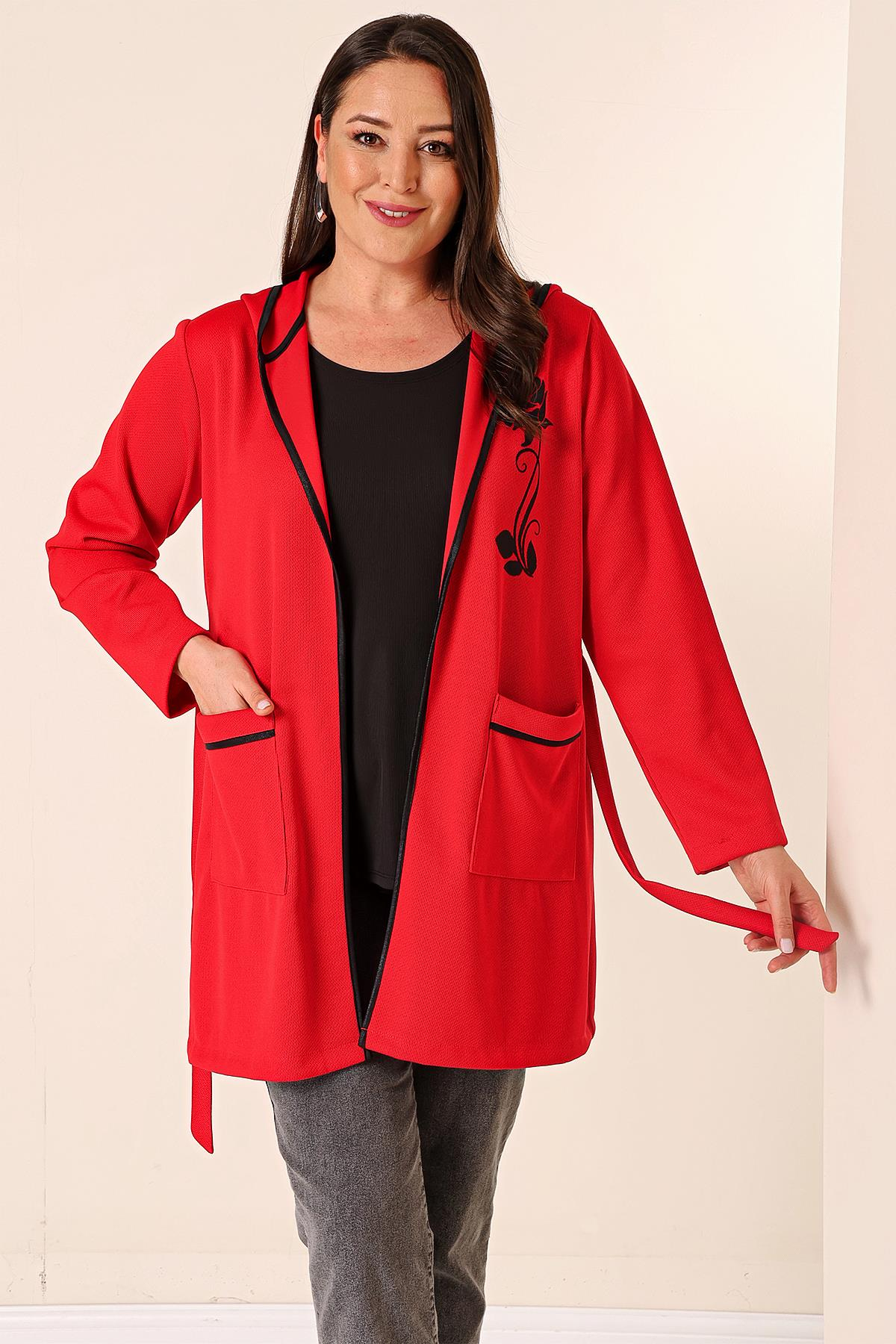 S-23K4040047Sleeveless, Hooded, Bag-Pocketed Belted, Floral Printed Cardigan Plus Size 2-Piece Set