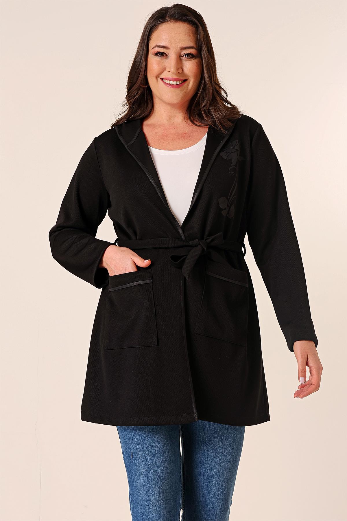 S-23K4040047Sleeveless, Hooded, Bag-Pocketed Belted, Floral Printed Cardigan Plus Size 2-Piece Set