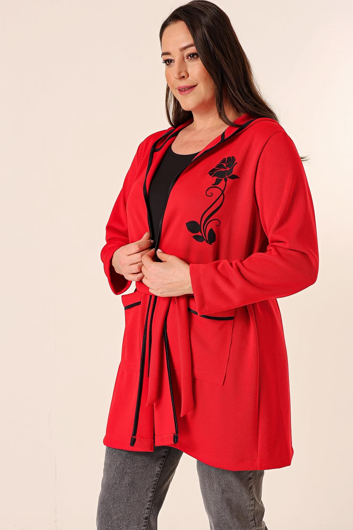 S-23K4040047Sleeveless, Hooded, Bag-Pocketed Belted, Floral Printed Cardigan Plus Size 2-Piece Set