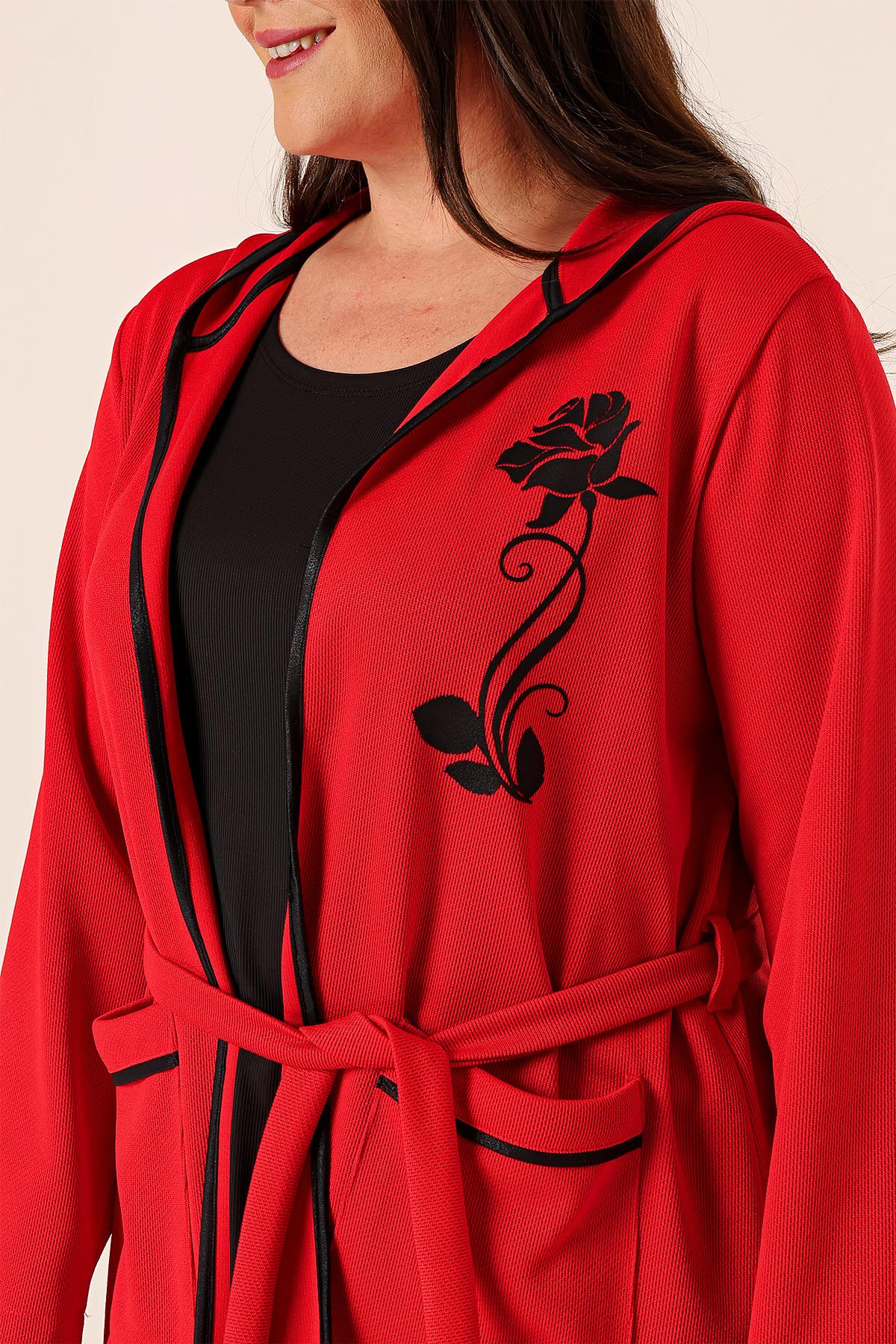 S-23K4040047Sleeveless, Hooded, Bag-Pocketed Belted, Floral Printed Cardigan Plus Size 2-Piece Set