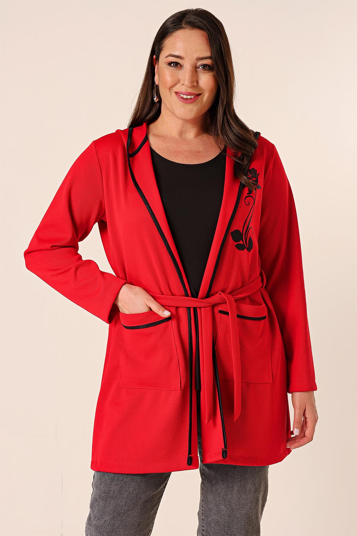 S-23K4040047Sleeveless, Hooded, Bag-Pocketed Belted, Floral Printed Cardigan Plus Size 2-Piece Set