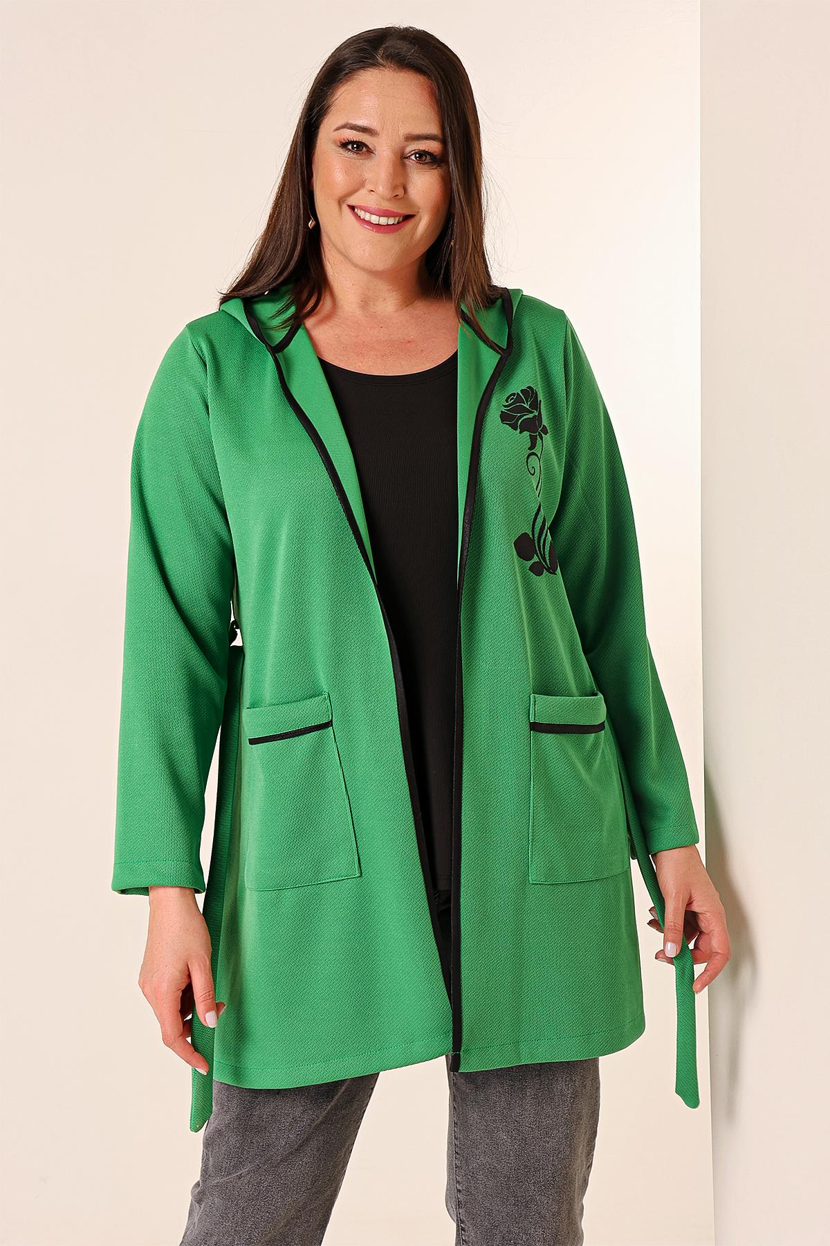 S-23K4040047Sleeveless, Hooded, Bag-Pocketed Belted, Floral Printed Cardigan Plus Size 2-Piece Set