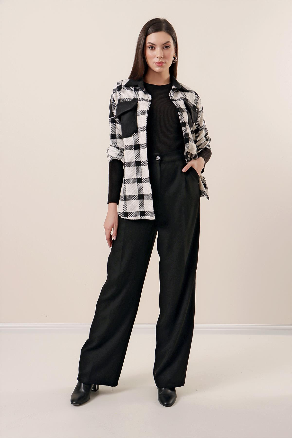 S-23K4080001Yandan Cepli Yün Efektli Palazzo Pantolon