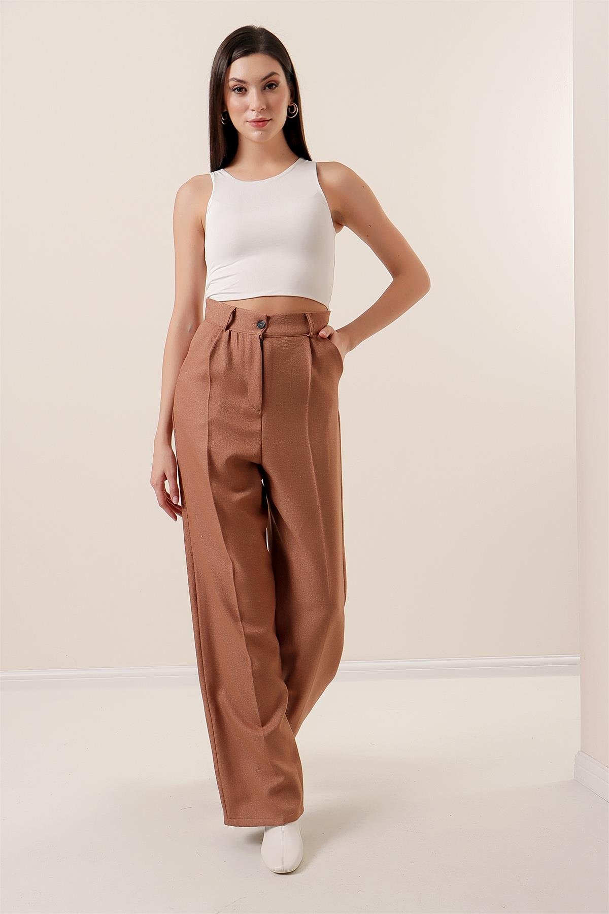 S-23K4080001Yandan Cepli Yün Efektli Palazzo Pantolon