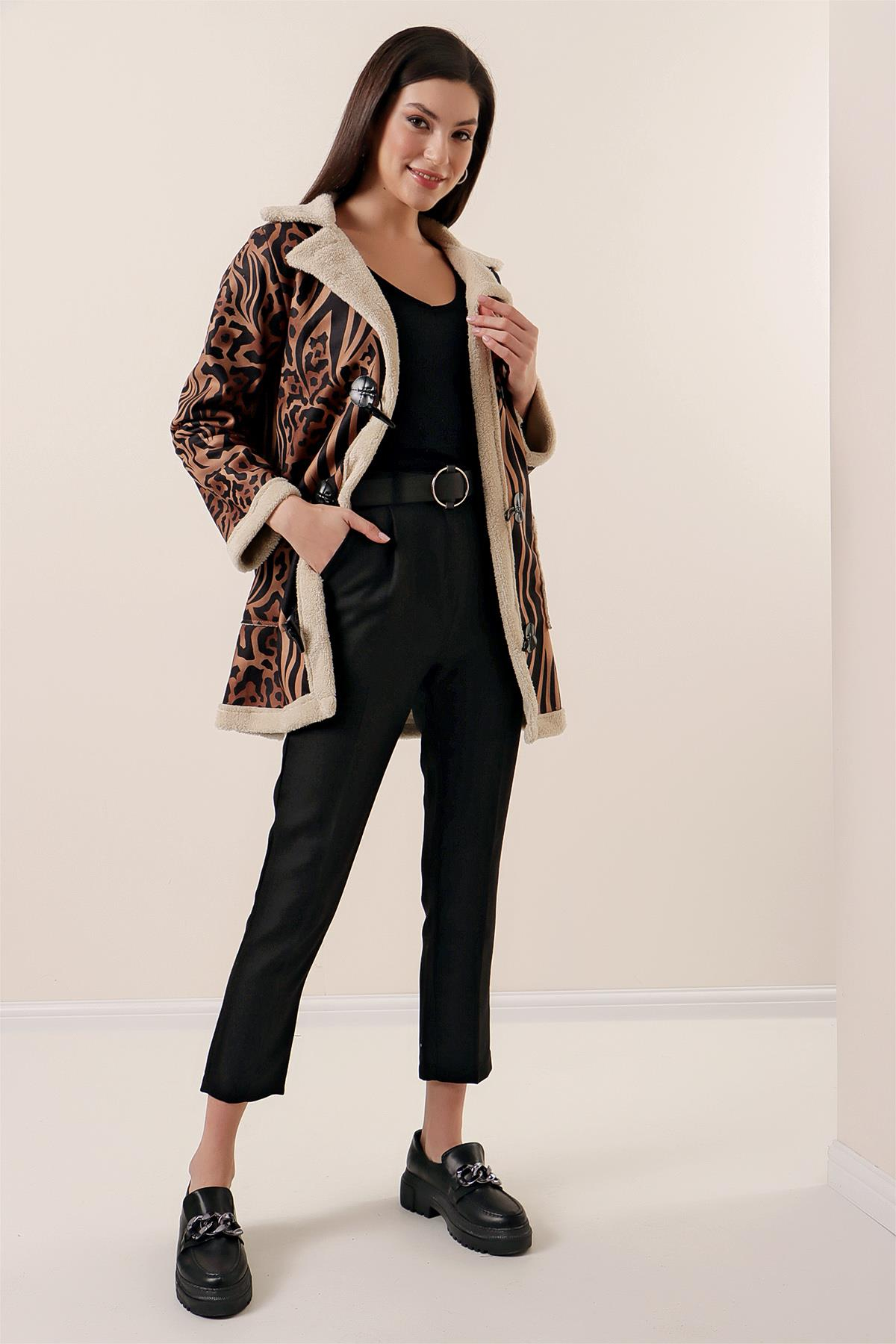 S-23K4080004Beli Lastikli Kemerli Yün Efektli Pantolon