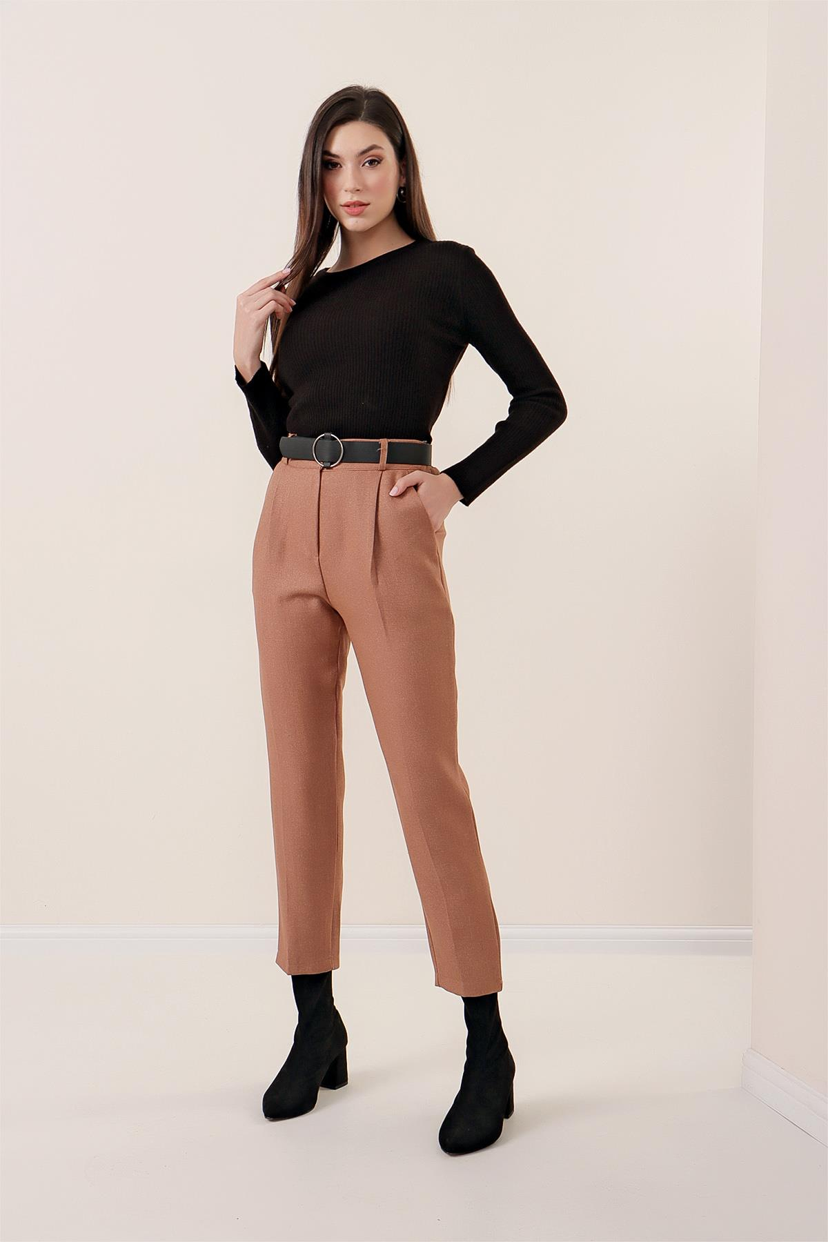 S-23K4080004Beli Lastikli Kemerli Yün Efektli Pantolon