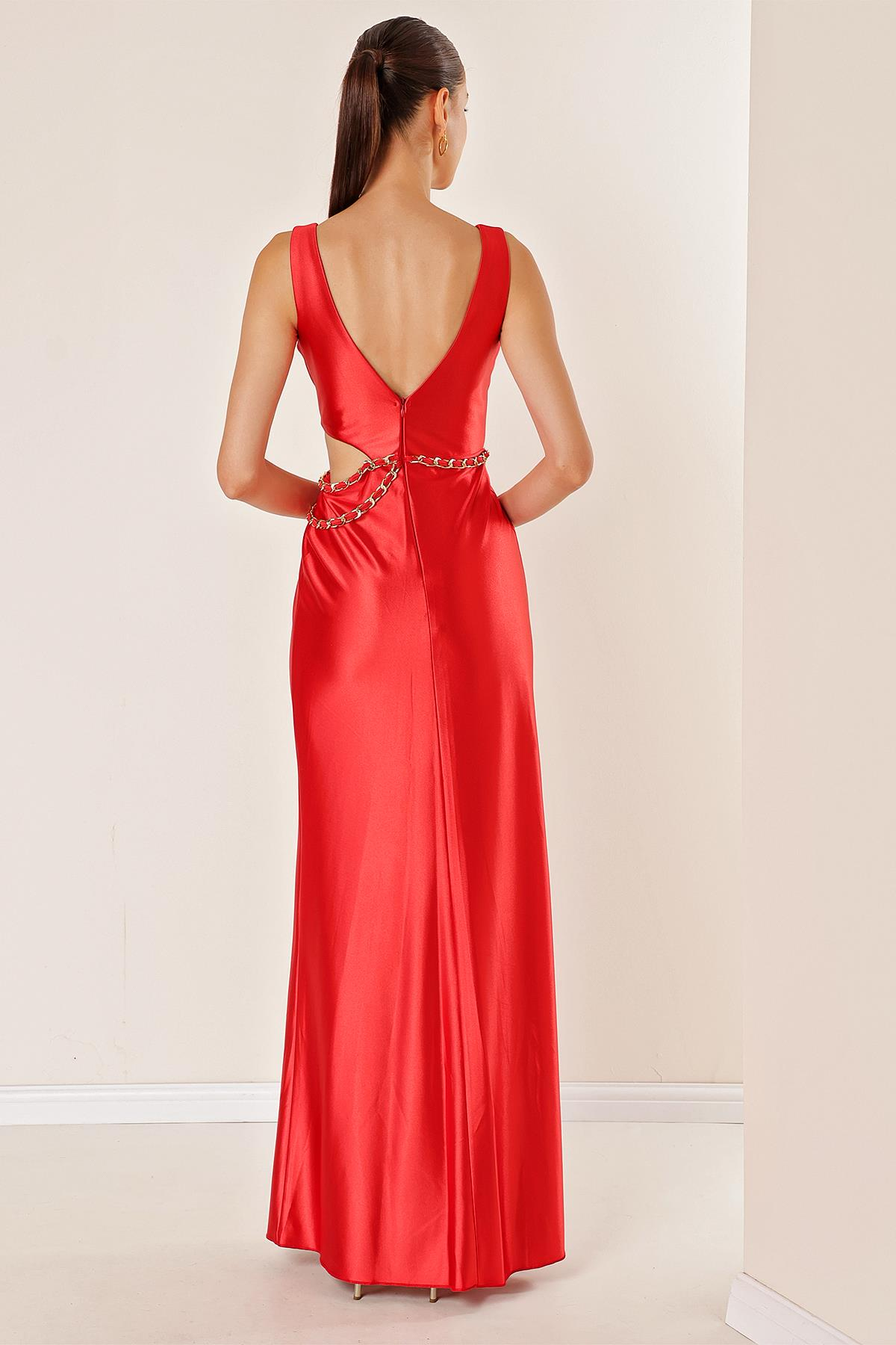 S-23K4120005Buy Dress Black Crossover Neck Décolleté Detailed Long-Chain Waist Lined