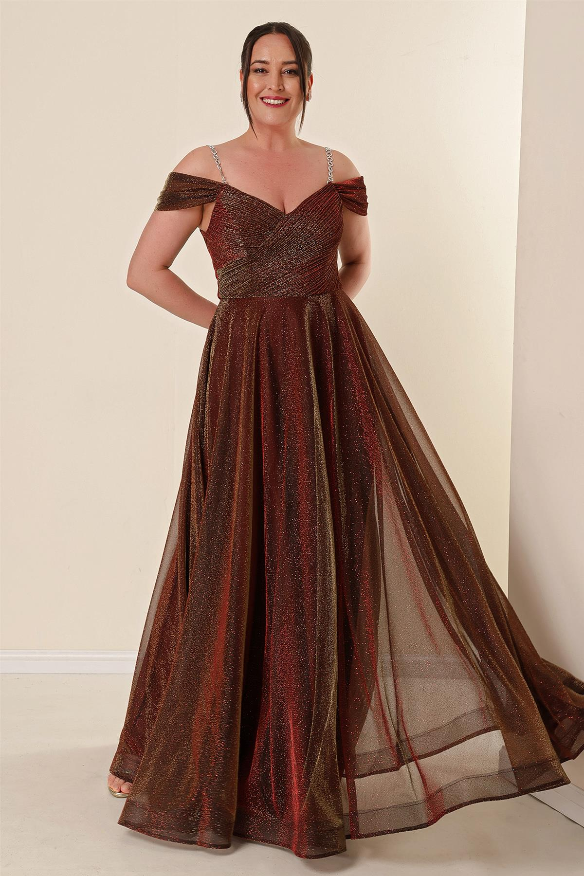 S-23K4120008Strappy Off-Shoulder Long Plus Size Dress Sequined Lined Spaced