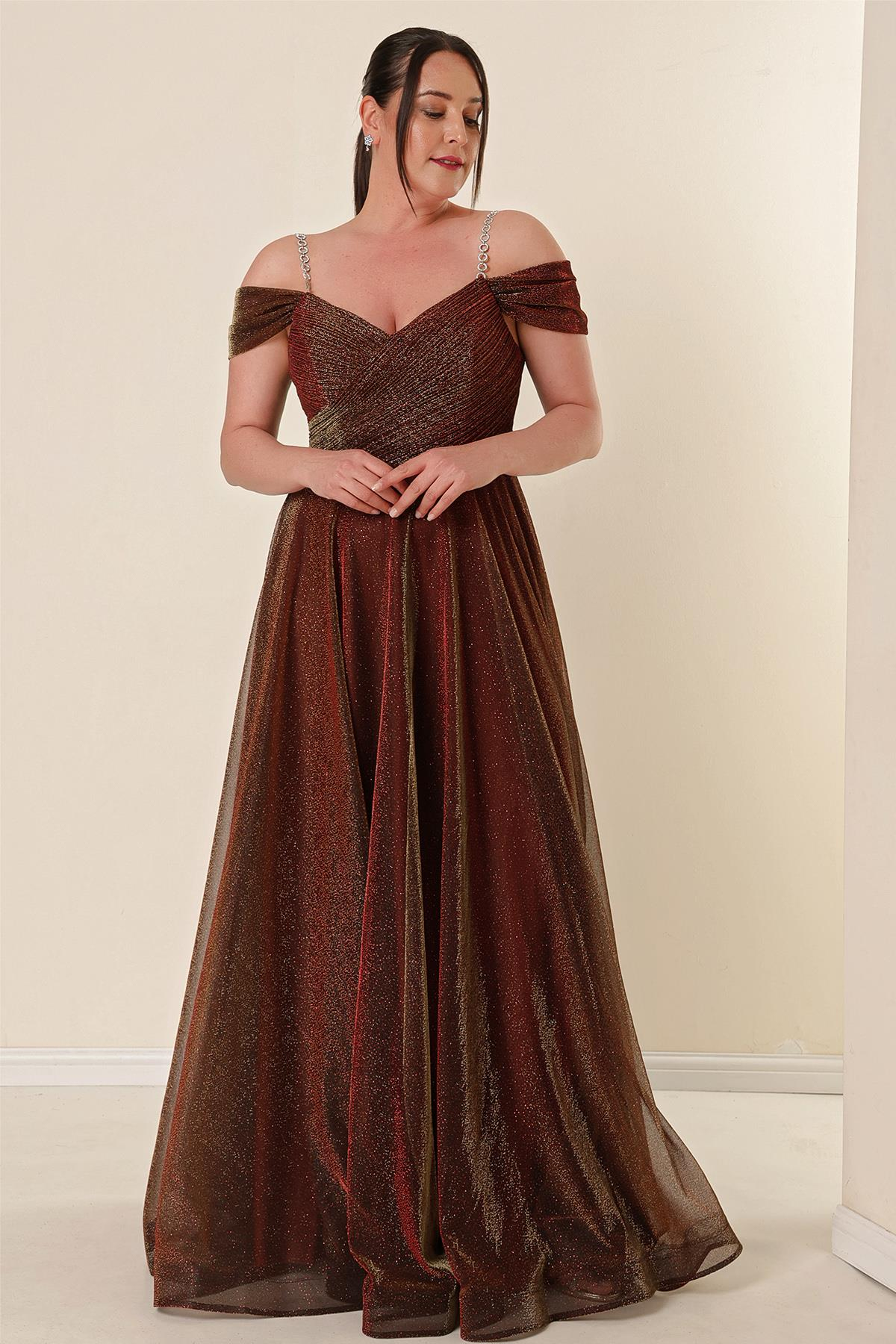 S-23K4120008Strappy Off-Shoulder Long Plus Size Dress Sequined Lined Spaced