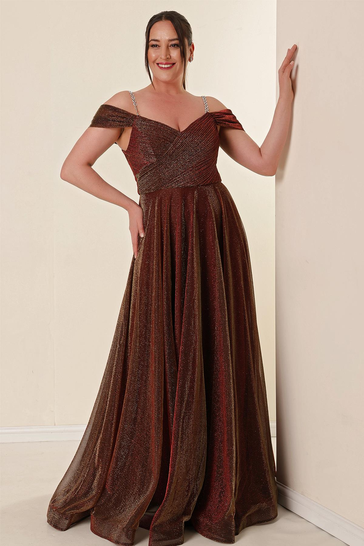 S-23K4120008Strappy Off-Shoulder Long Plus Size Dress Sequined Lined Spaced