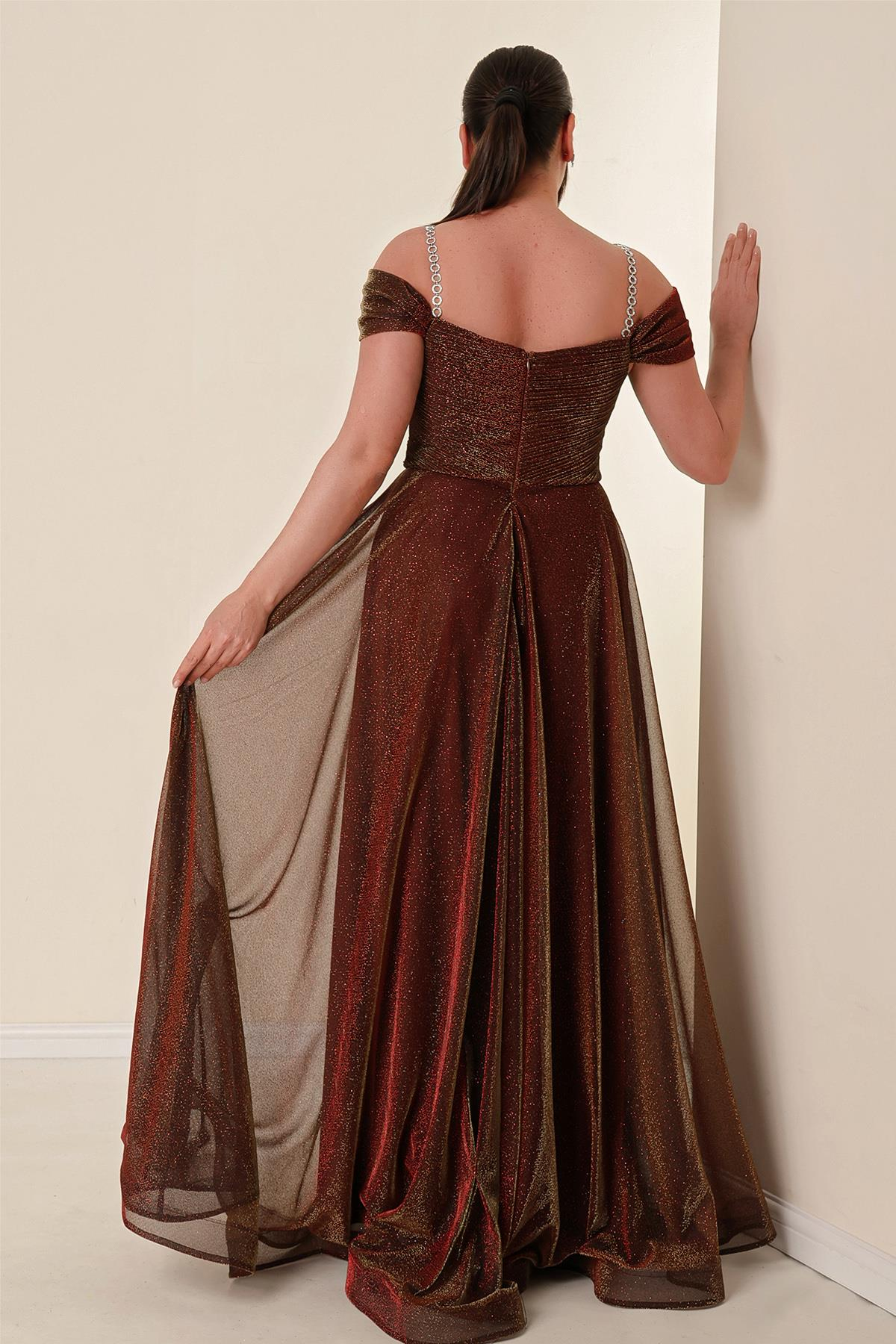 S-23K4120008Strappy Off-Shoulder Long Plus Size Dress Sequined Lined Spaced