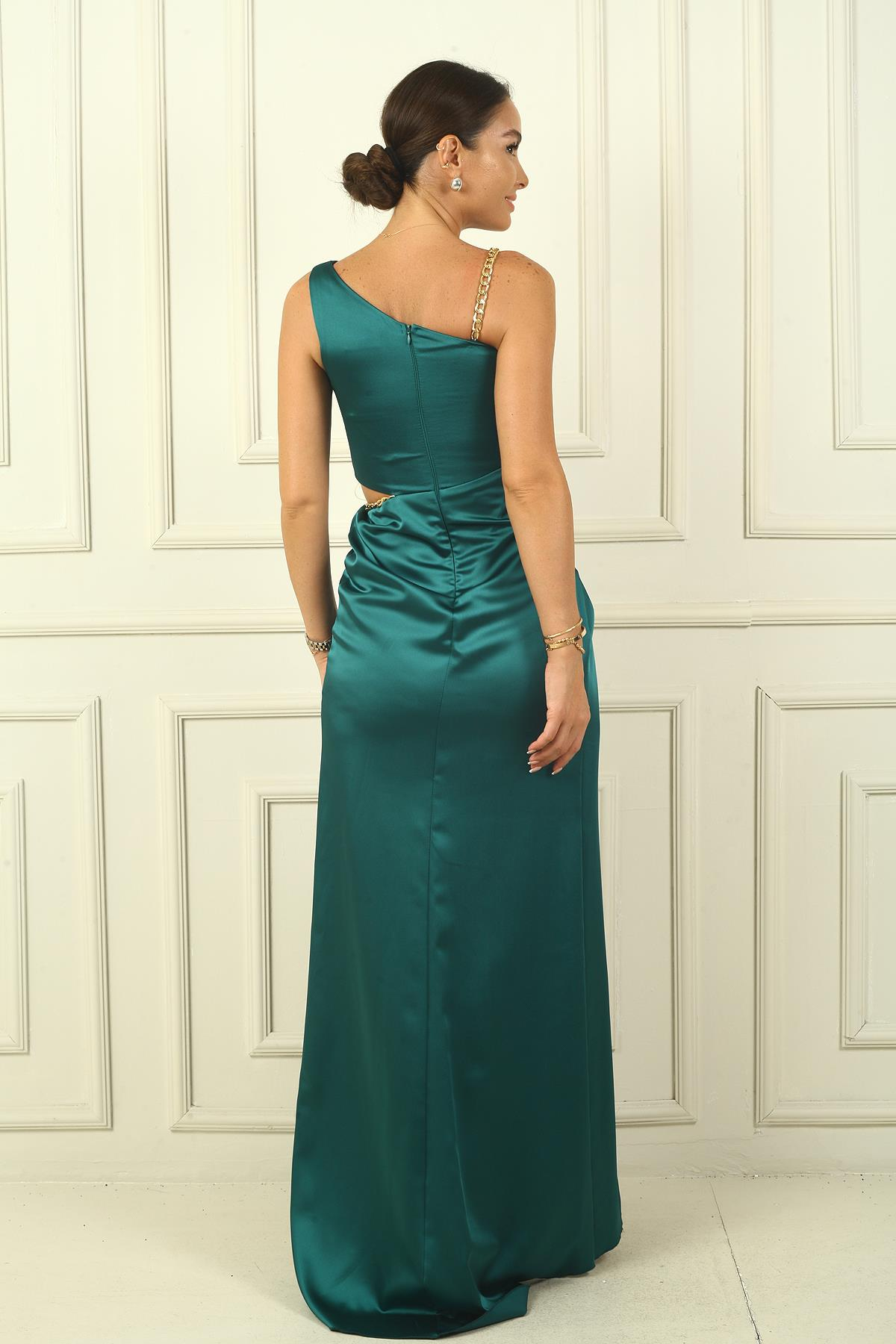 S-23K4120012Tek Omuz Bel Dekolteli Zincirli Saten Abiye Elbise