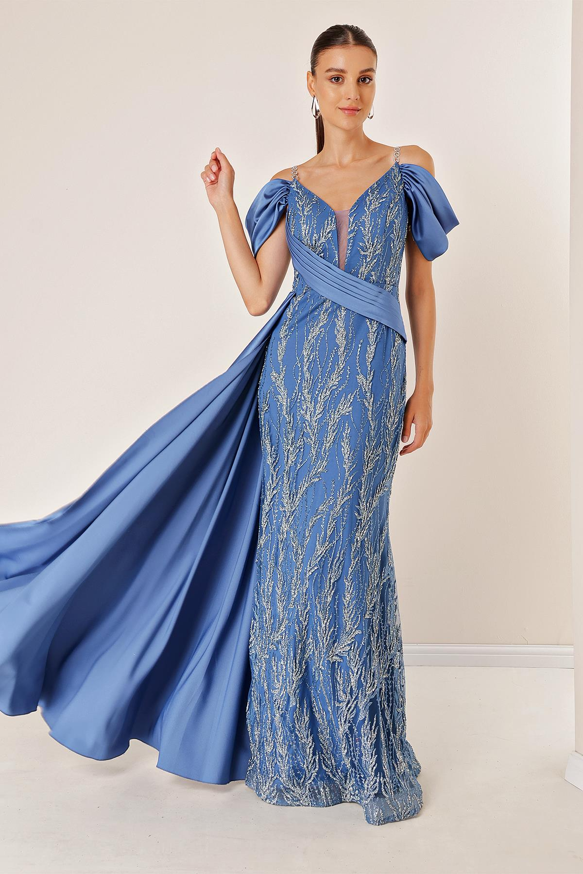 S-23K4120013Long Dress with Glittery Indigo Fish Flock Print, Lined, Chain Strap, front and back V-neck, and dropped sleeve