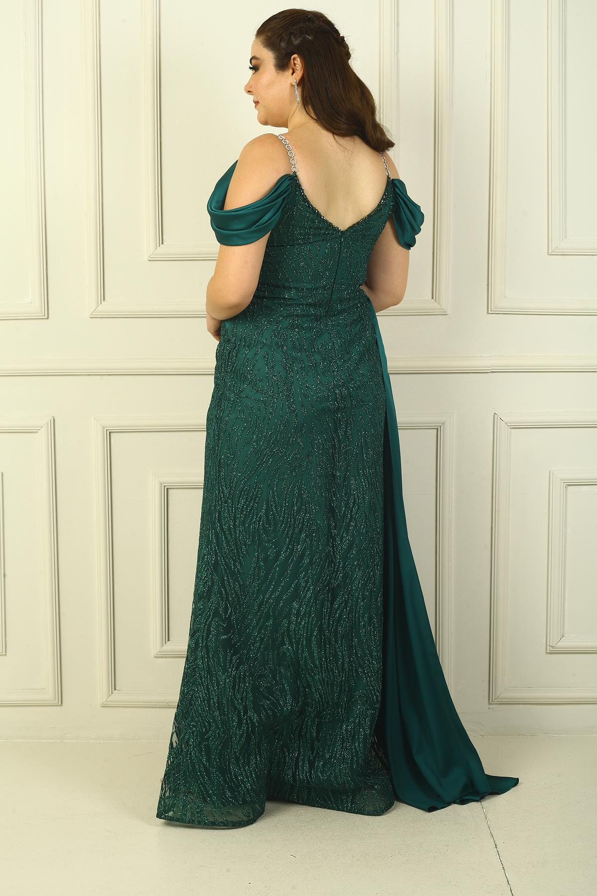 S-23K4120013Zincir Askılı Ön Arka V Yaka Düşük Kollu Simli Flok Baskılı Astarlı Uzun Balık Elbise