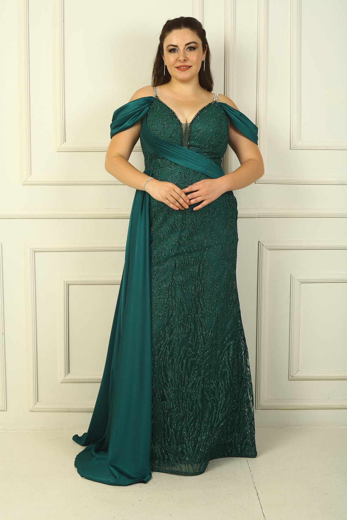 S-23K4120013Zincir Askılı Ön Arka V Yaka Düşük Kollu Simli Flok Baskılı Astarlı Uzun Balık Elbise