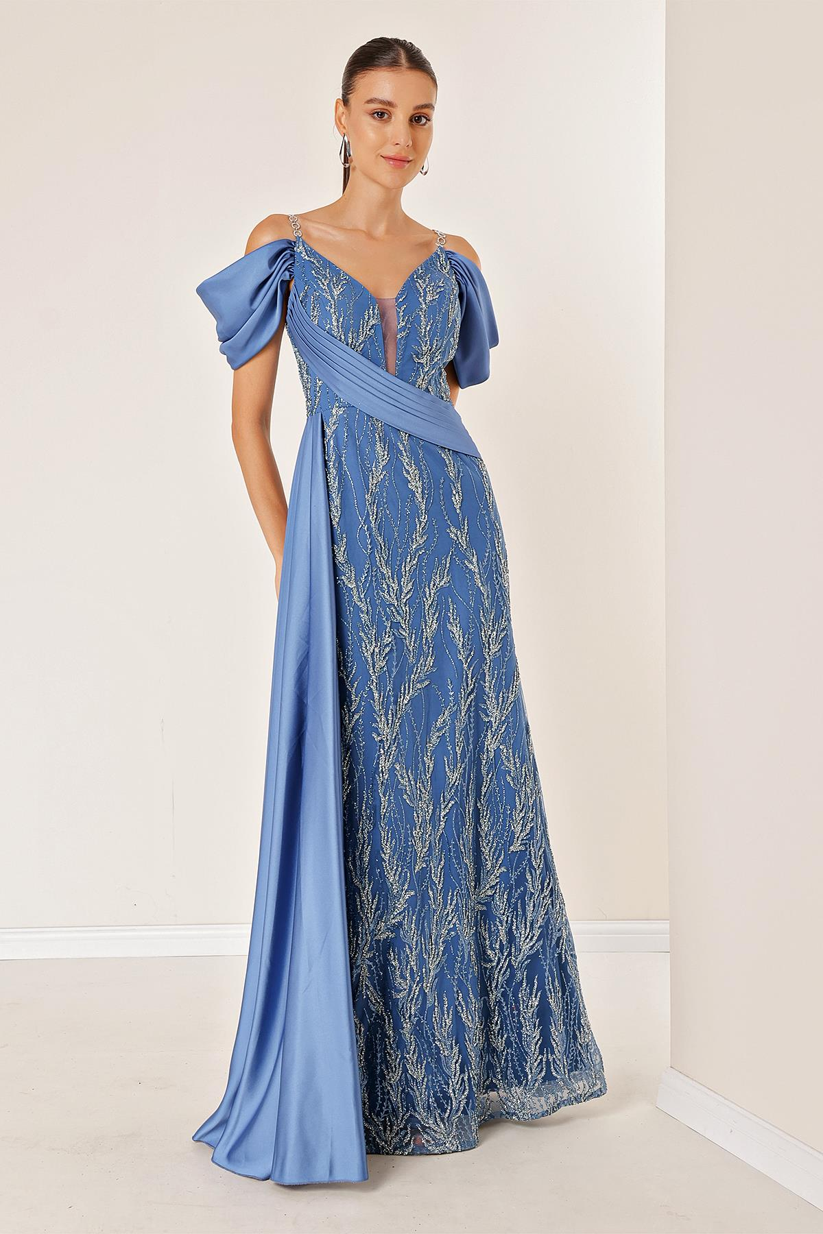 S-23K4120013Long Dress with Glittery Indigo Fish Flock Print, Lined, Chain Strap, front and back V-neck, and dropped sleeve