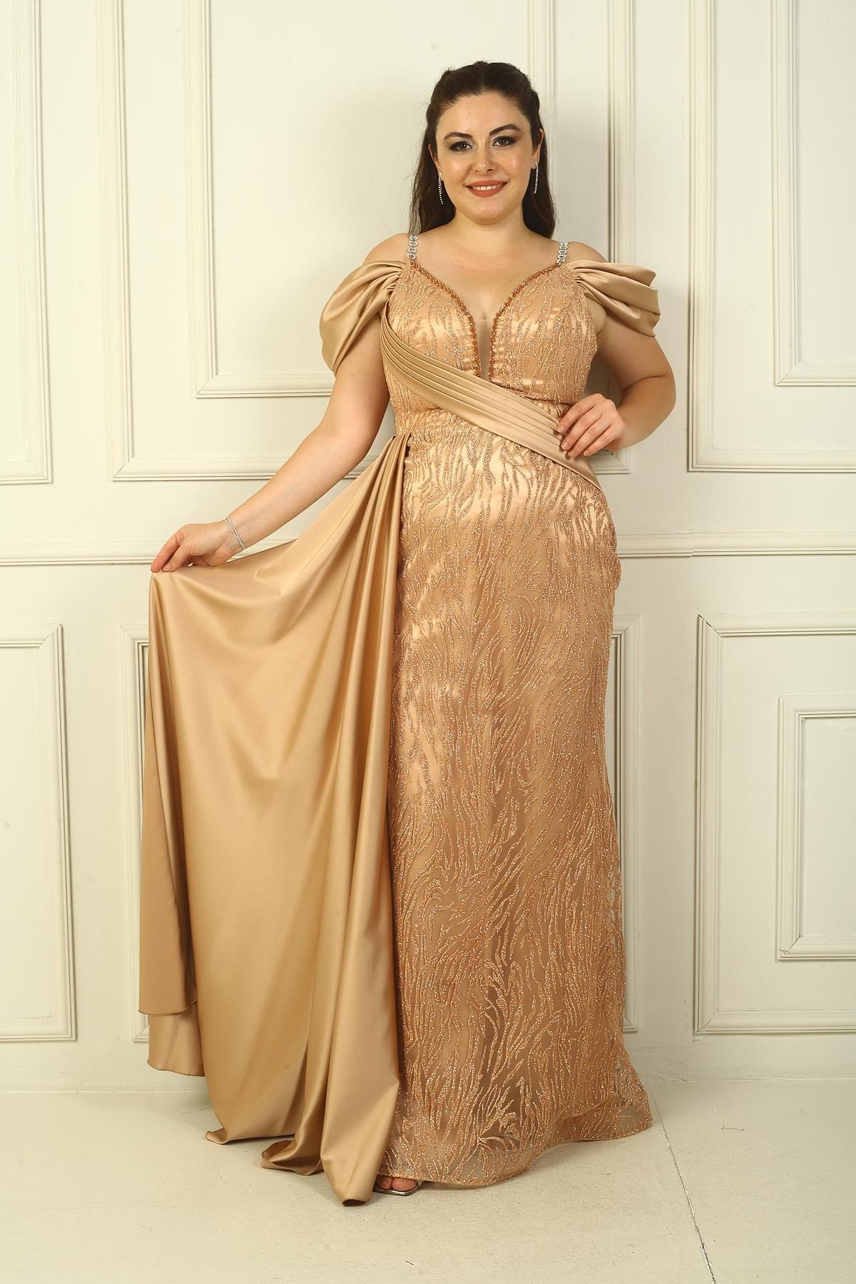 S-23K4120013Long Dress with Glittery Indigo Fish Flock Print, Lined, Chain Strap, front and back V-neck, and dropped sleeve