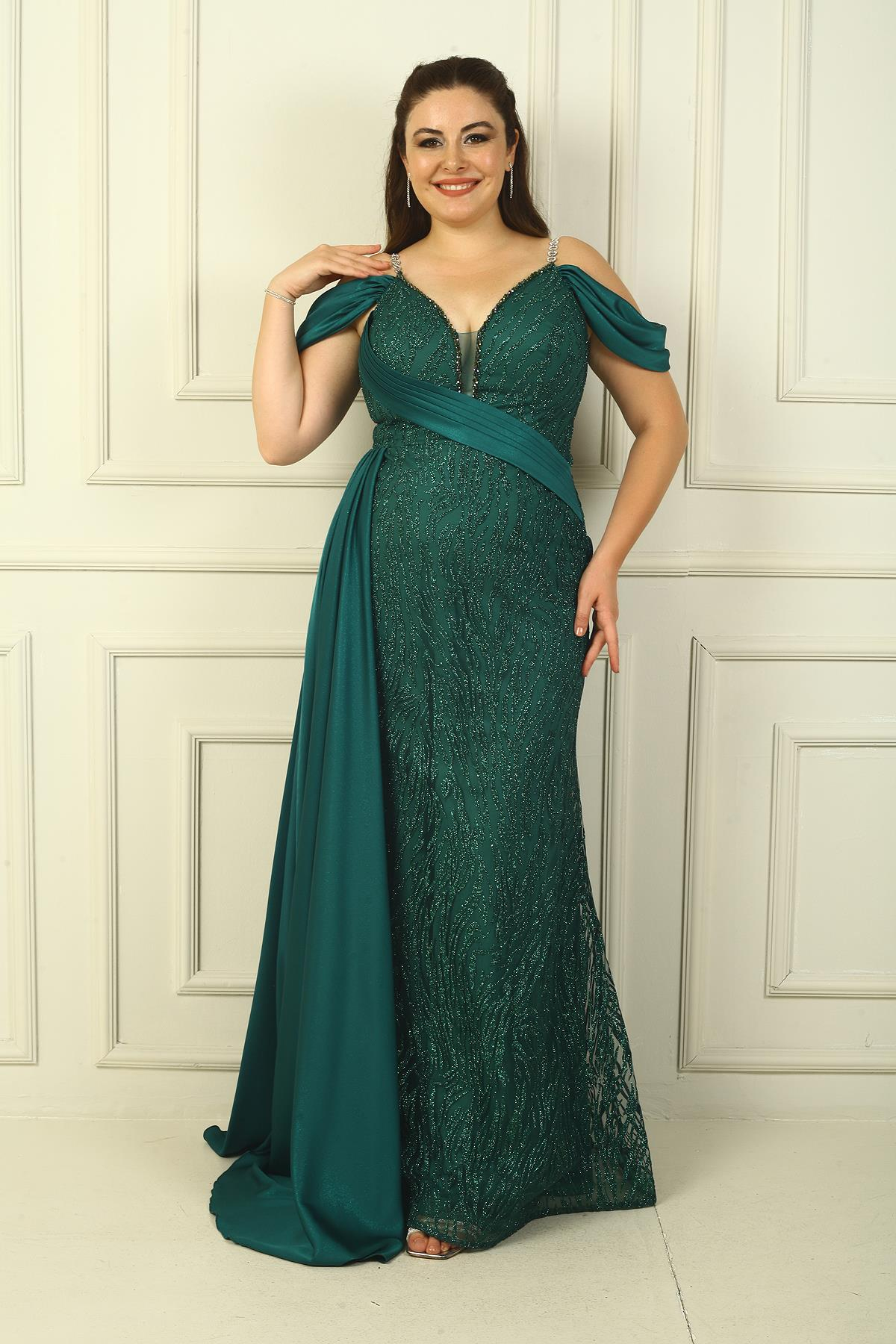 S-23K4120013Zincir Askılı Ön Arka V Yaka Düşük Kollu Simli Flok Baskılı Astarlı Uzun Balık Elbise