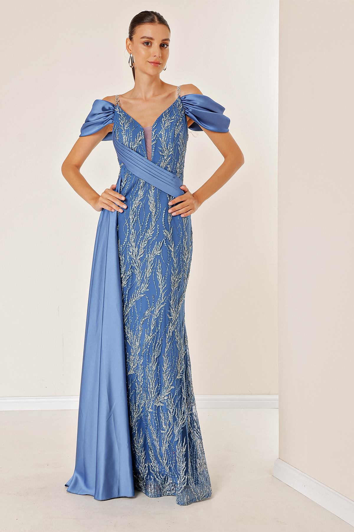 S-23K4120013Long Dress with Glittery Indigo Fish Flock Print, Lined, Chain Strap, front and back V-neck, and dropped sleeve