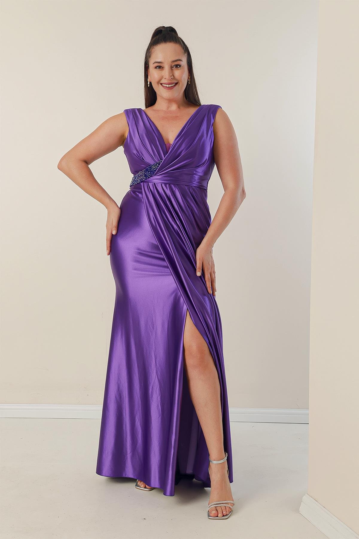S-23K4120016Buy Plus Size Long Dress Beaded Detailed Draped Front Lined