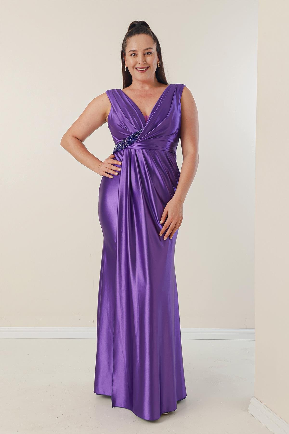 S-23K4120016Buy Plus Size Long Dress Beaded Detailed Draped Front Lined