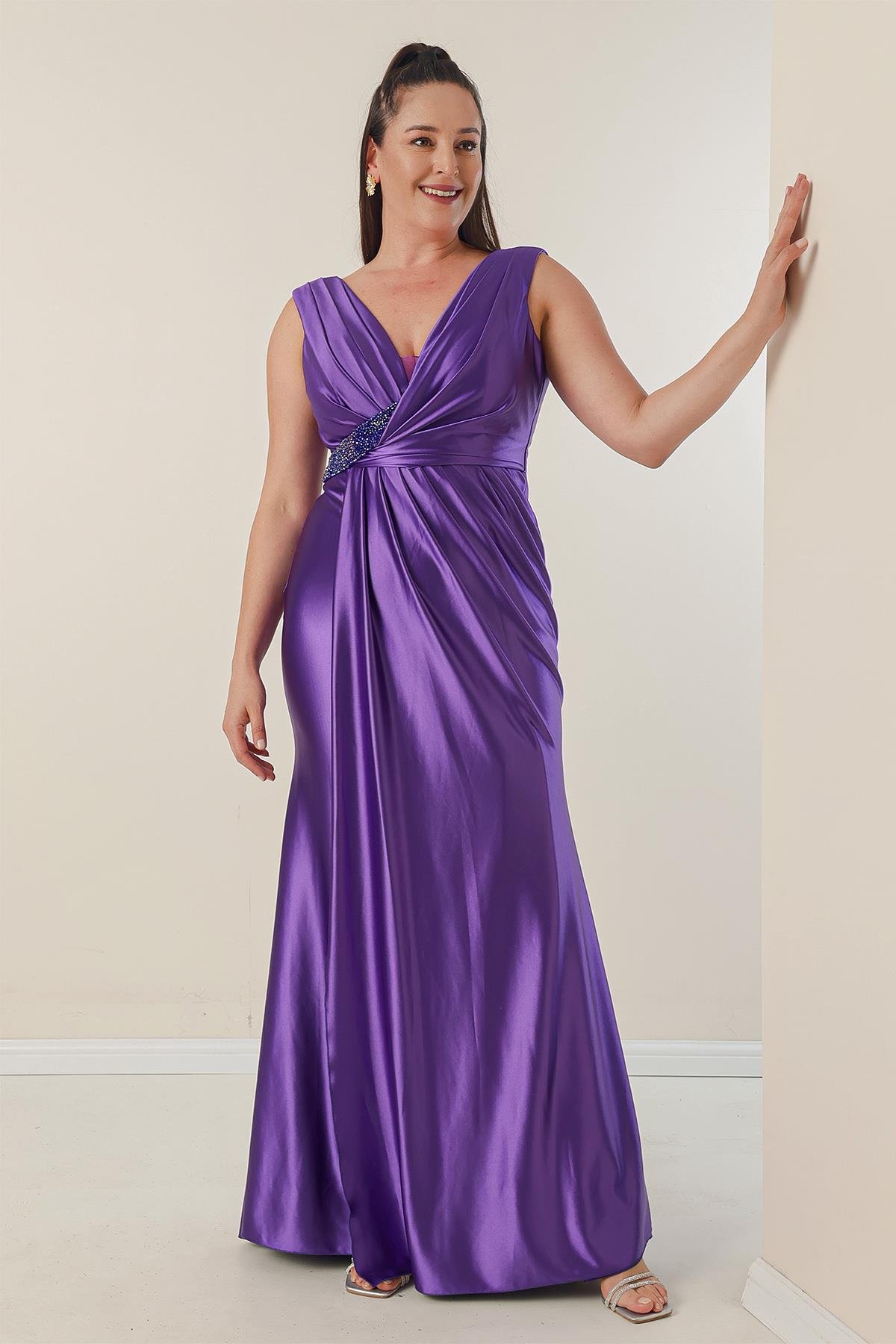 S-23K4120016Buy Plus Size Long Dress Beaded Detailed Draped Front Lined