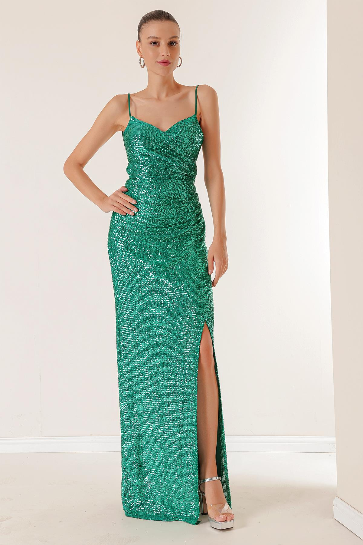 S-23K4120020İp Askılı Önü Drapeli Arkası Bağcıklı Astarlı Uzun Pulpayet Elbise