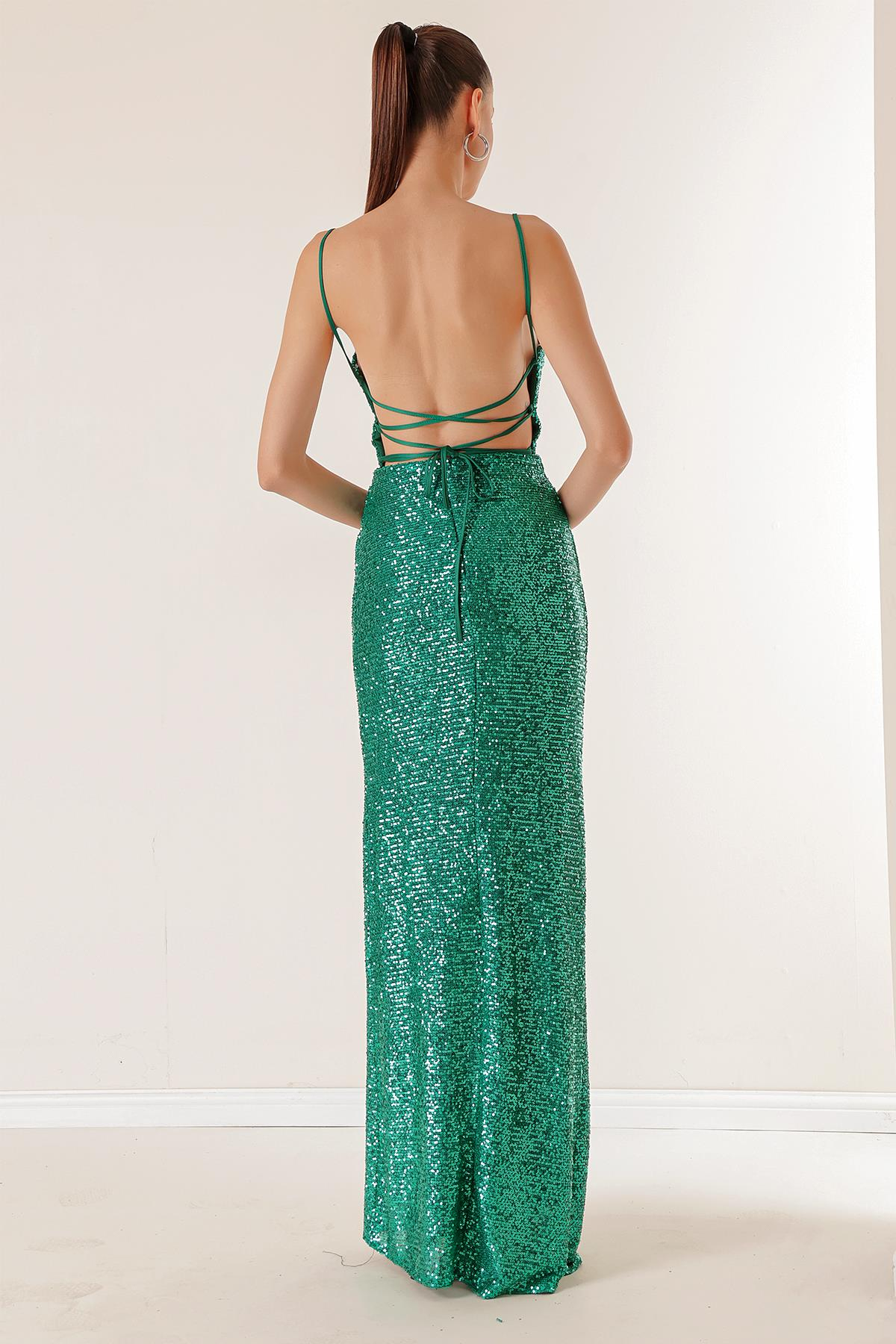 S-23K4120020İp Askılı Önü Drapeli Arkası Bağcıklı Astarlı Uzun Pulpayet Elbise