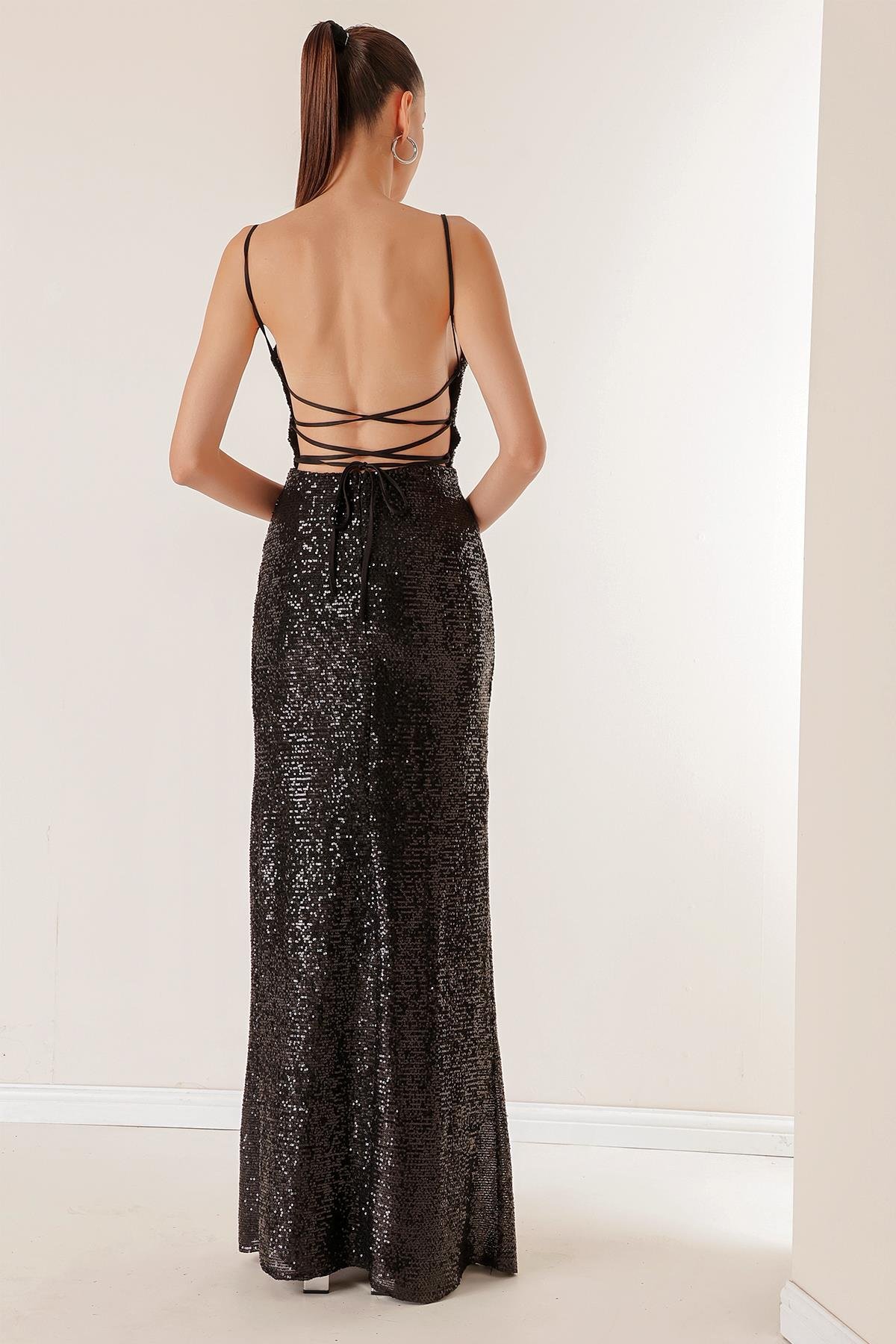 S-23K4120020İp Askılı Önü Drapeli Arkası Bağcıklı Astarlı Uzun Pulpayet Elbise