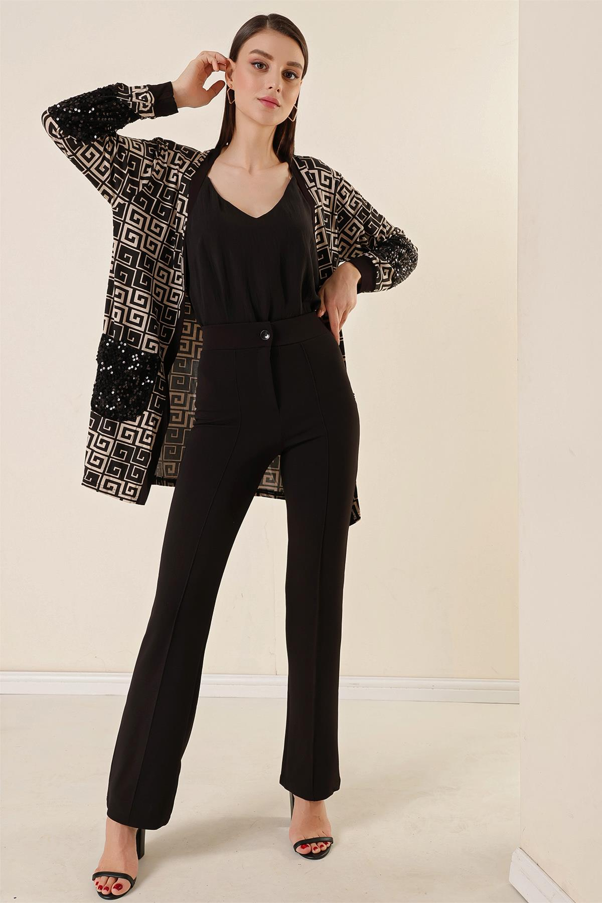 S-23K4130001Kadın Yüksek Bel Toparlayıcı Çımalı Palazzo Pantolon