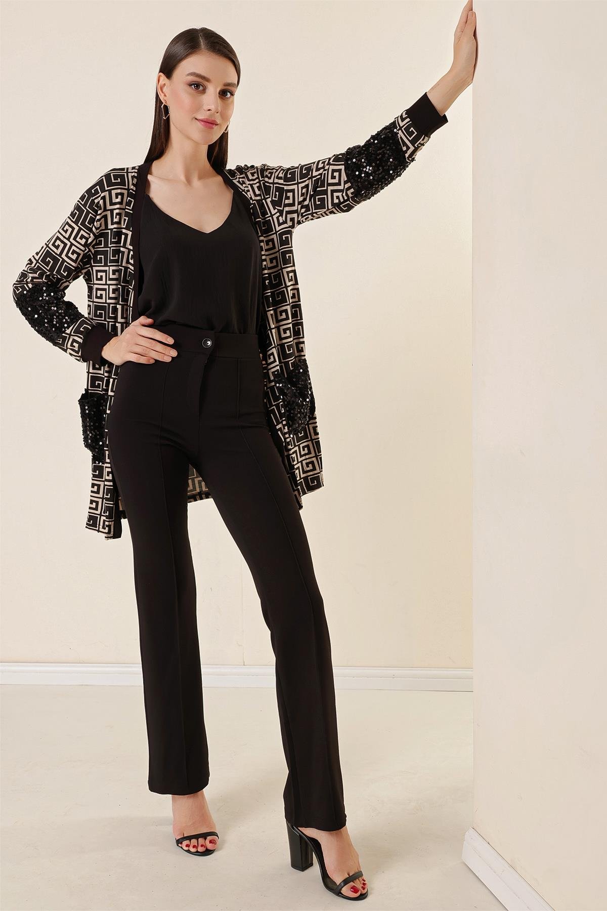 S-23K4130001Kadın Yüksek Bel Toparlayıcı Çımalı Palazzo Pantolon