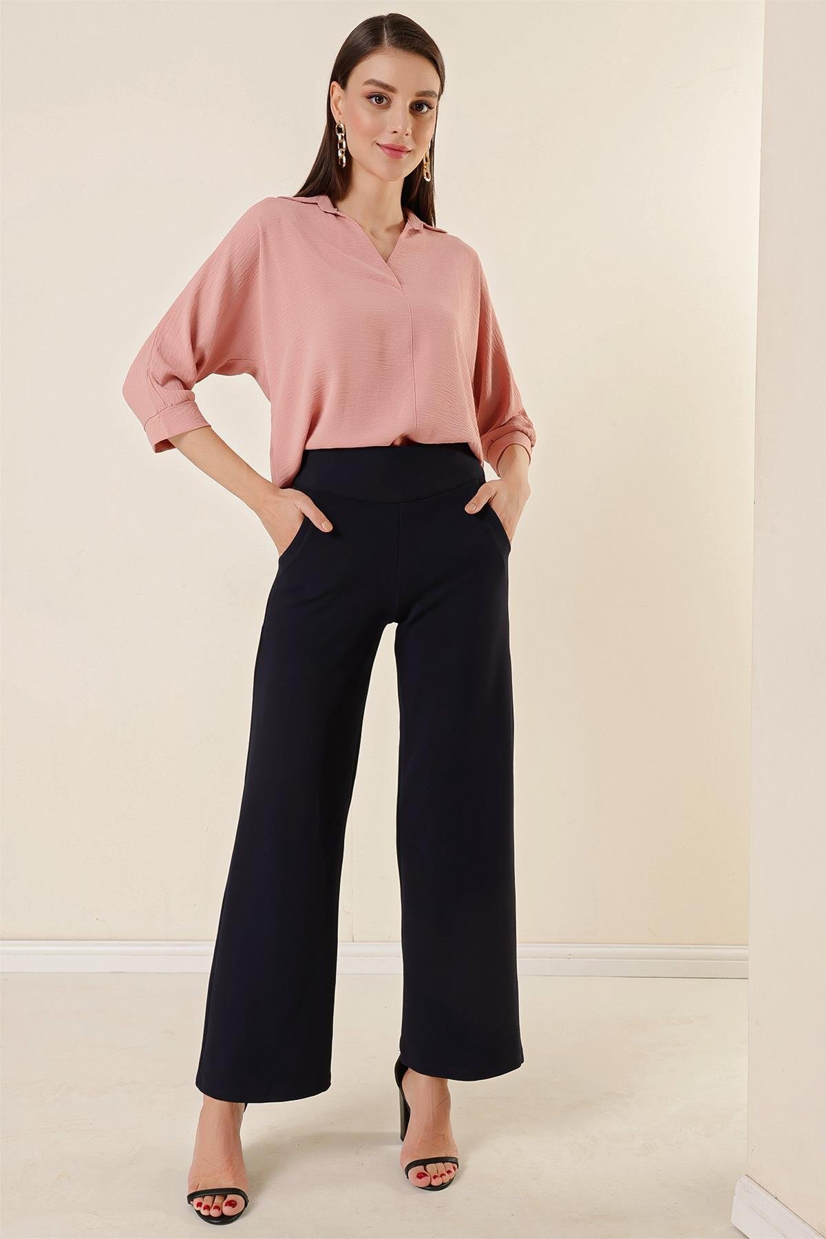 S-23K4130003Beli Korsajlı Cepli Örme Krep Palazzo Pantolon