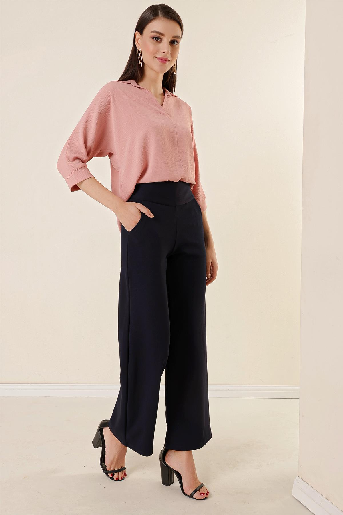 S-23K4130003Beli Korsajlı Cepli Örme Krep Palazzo Pantolon