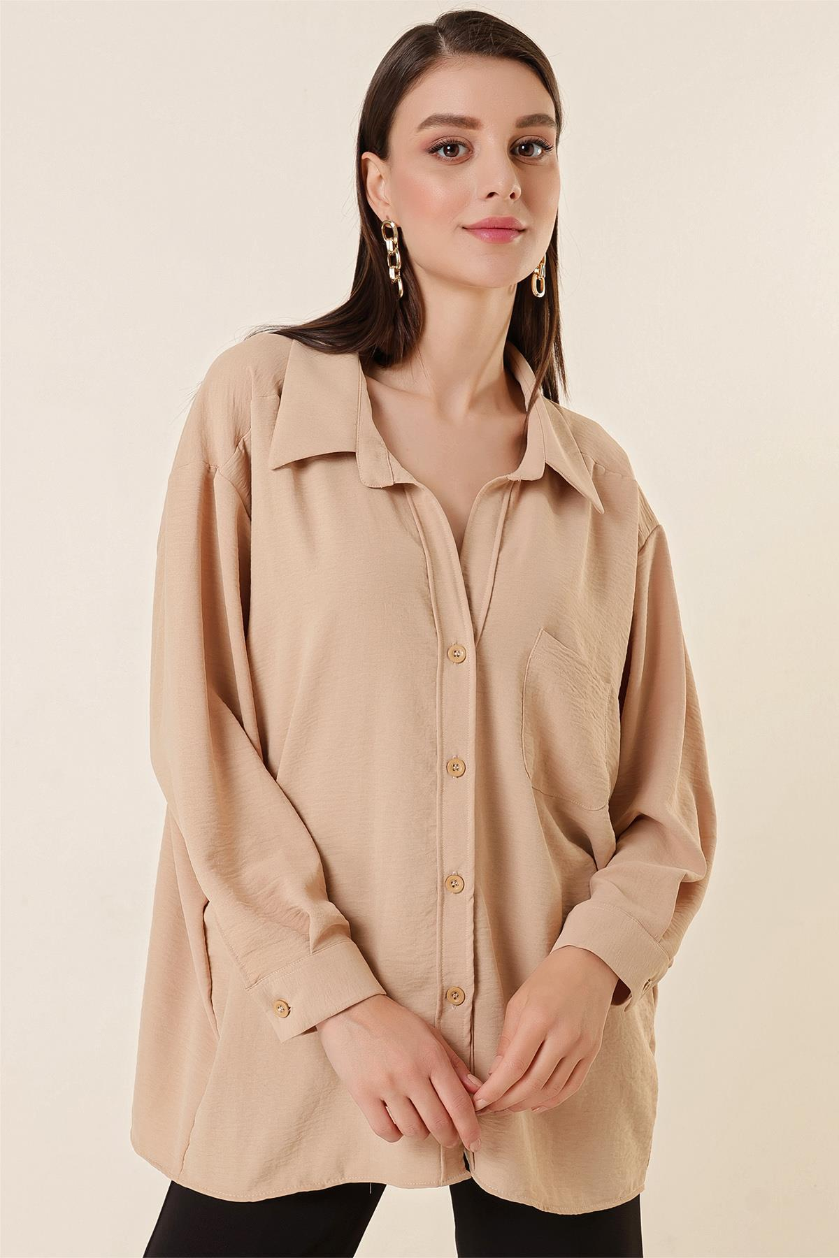 S-23K4130005Polo Yaka Tek Cepli Oversize Ayrobin Gömlek