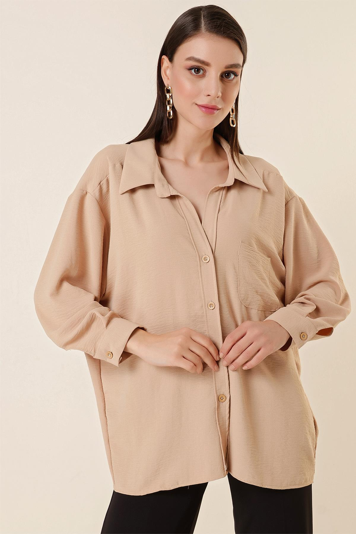 S-23K4130005Polo Yaka Tek Cepli Oversize Ayrobin Gömlek