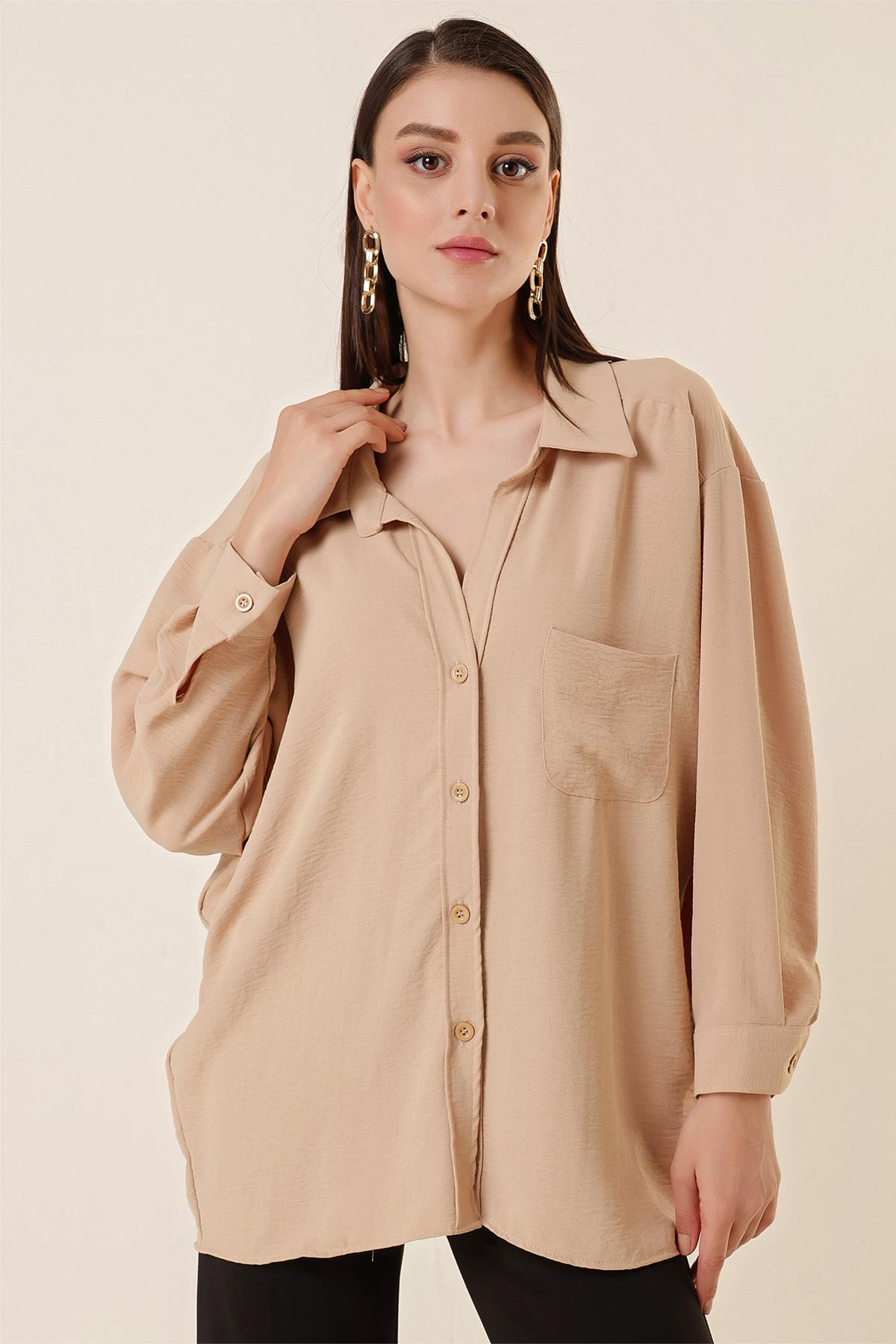 S-23K4130005Polo Yaka Tek Cepli Oversize Ayrobin Gömlek