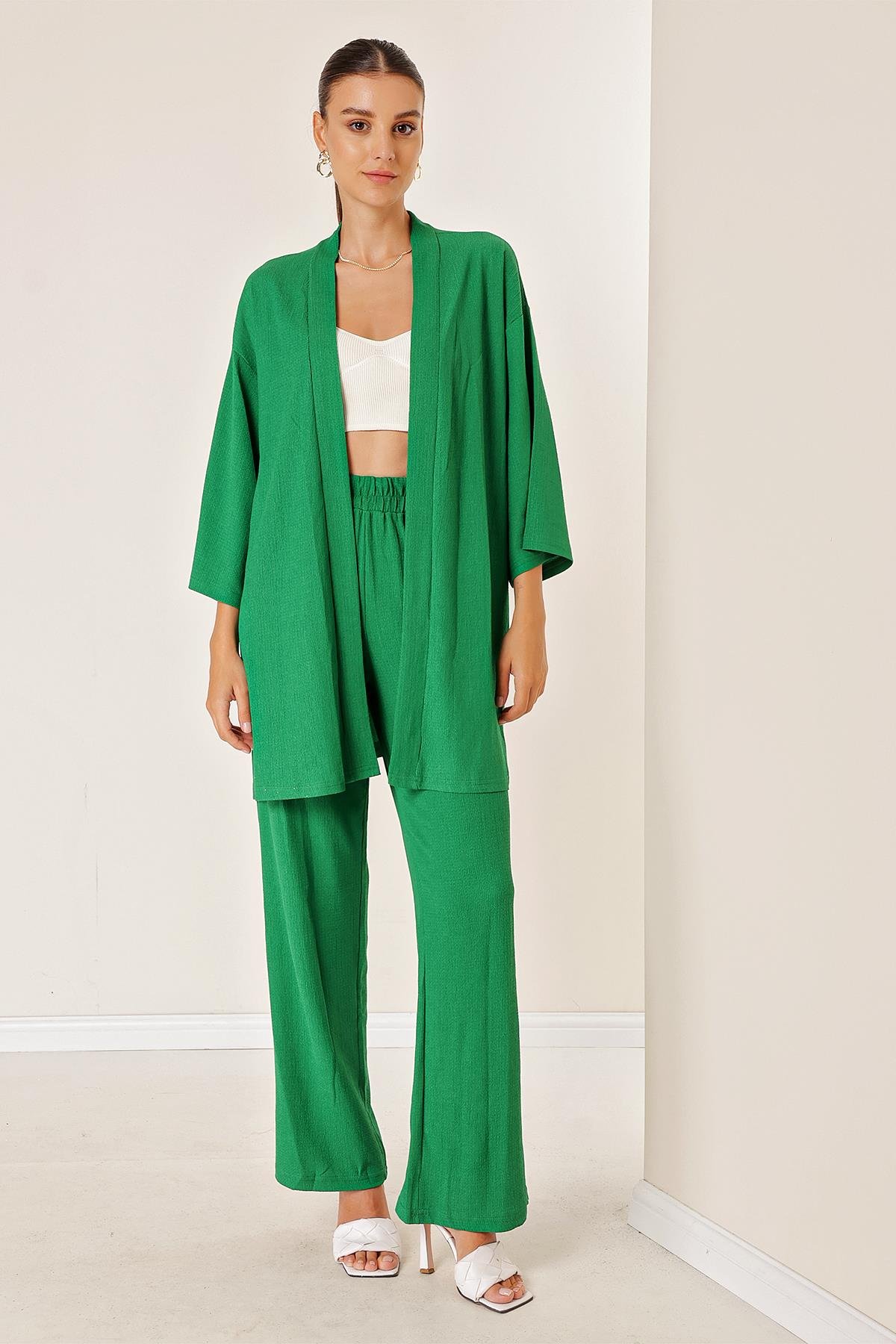 S-23K4130009Pocketed Pants Bloomer Set with Kimono in green