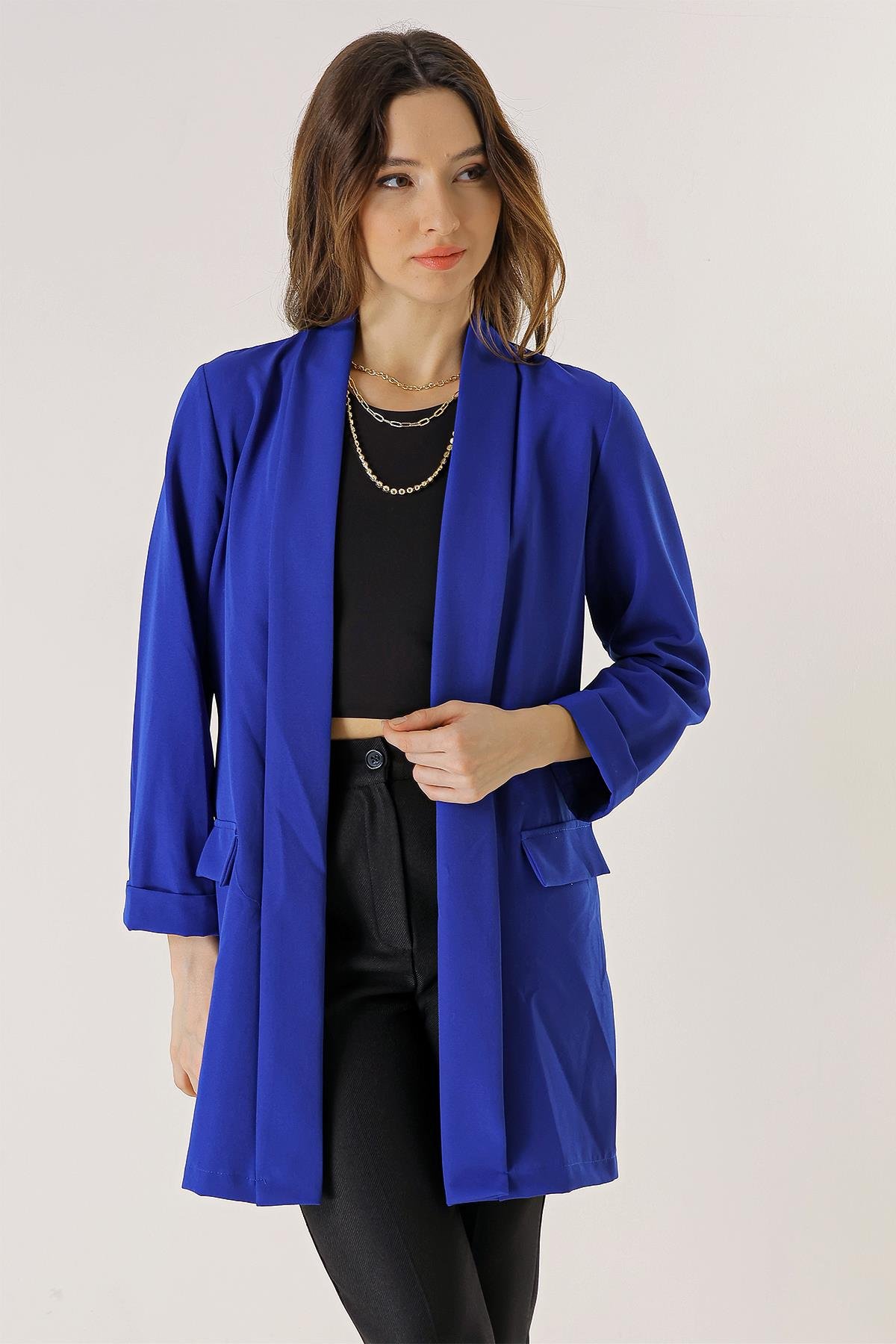 S-23K4140010Şal Yaka Likralı Uzun Ceket