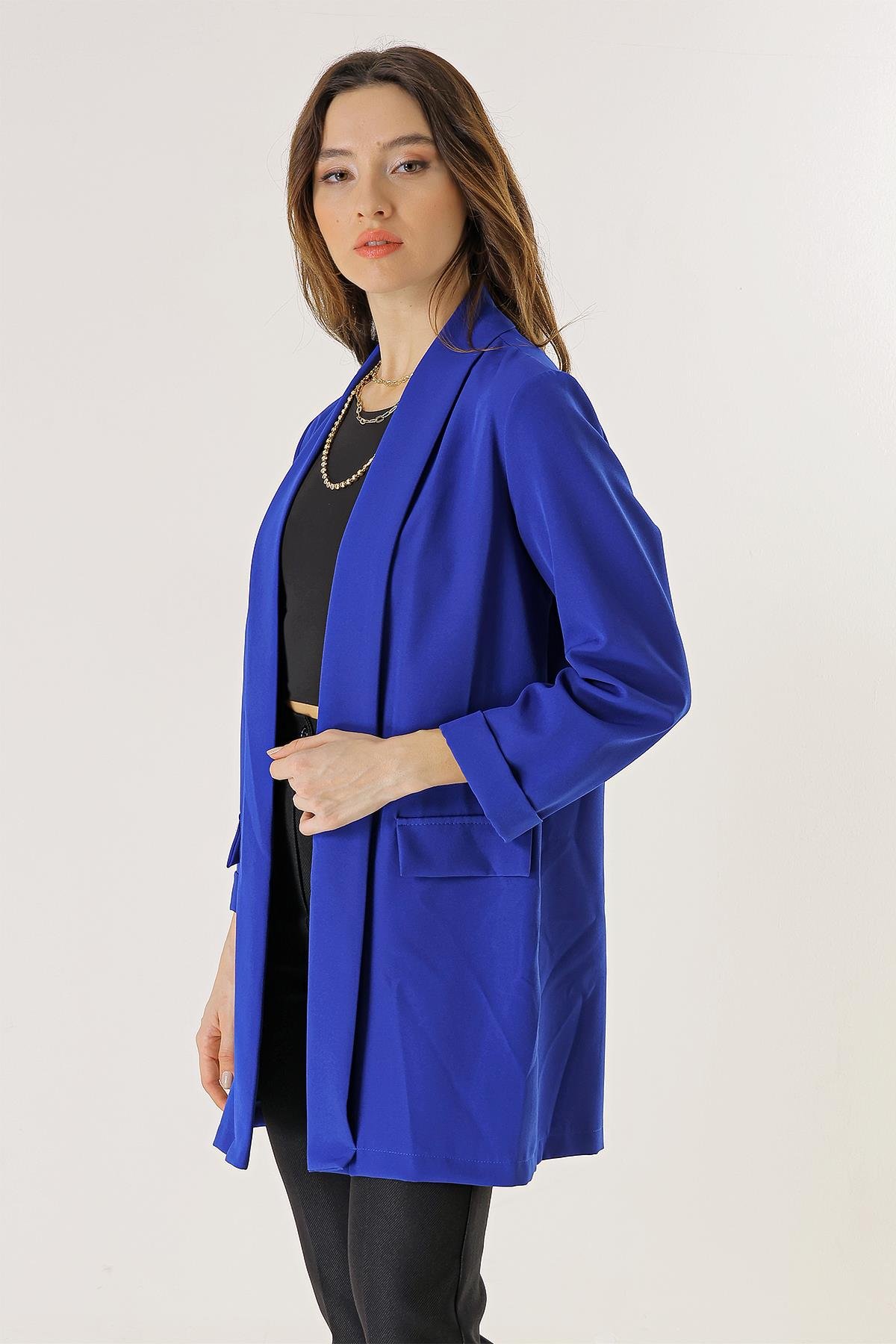 S-23K4140010Şal Yaka Likralı Uzun Ceket