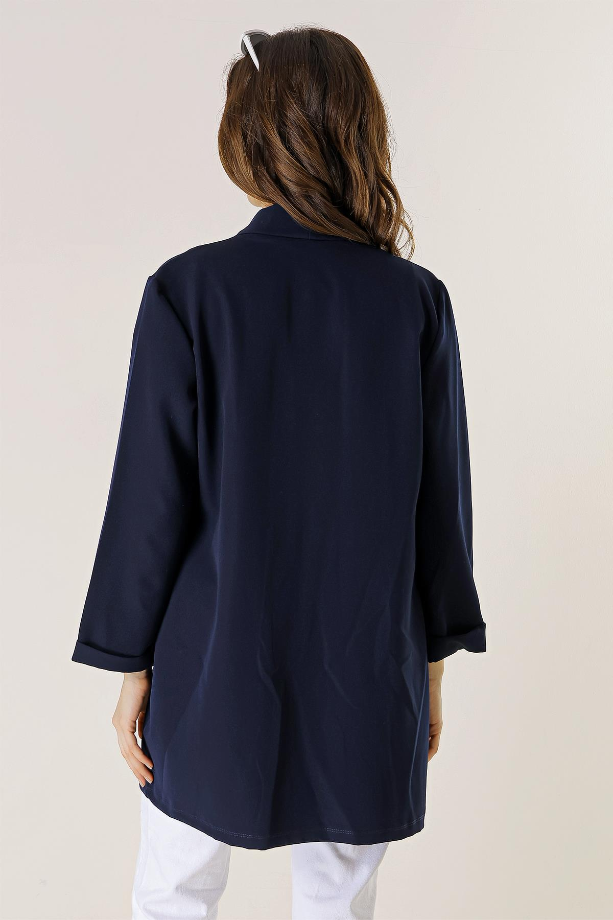 S-23K4140010Tue Lycra Collar Long Jacket With Fake Pockets