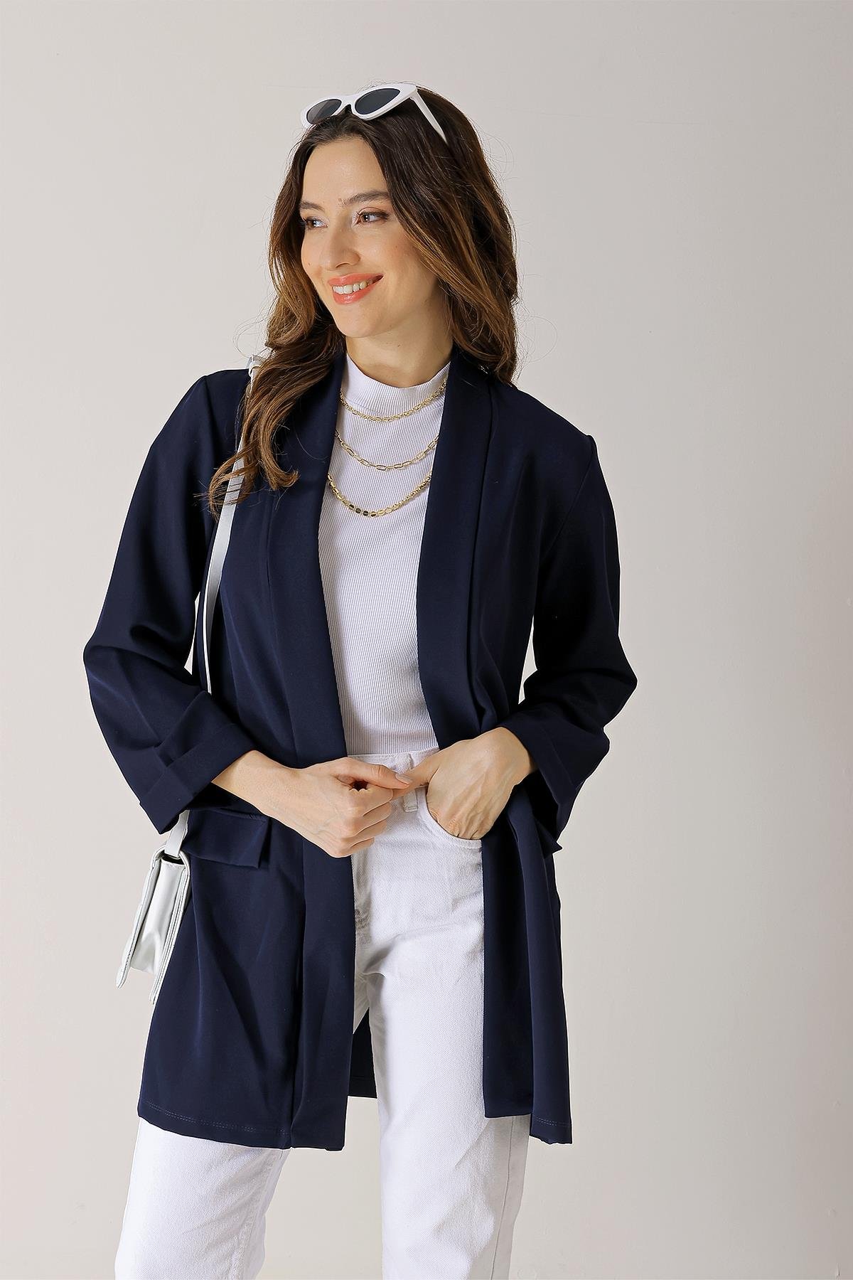 S-23K4140010Tue Lycra Collar Long Jacket With Fake Pockets